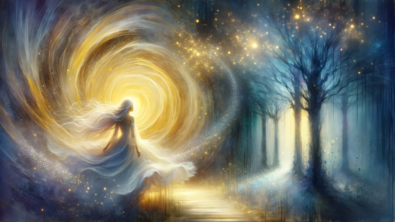 Mystical Figure on Shimmering Path Amidst Light and Dark