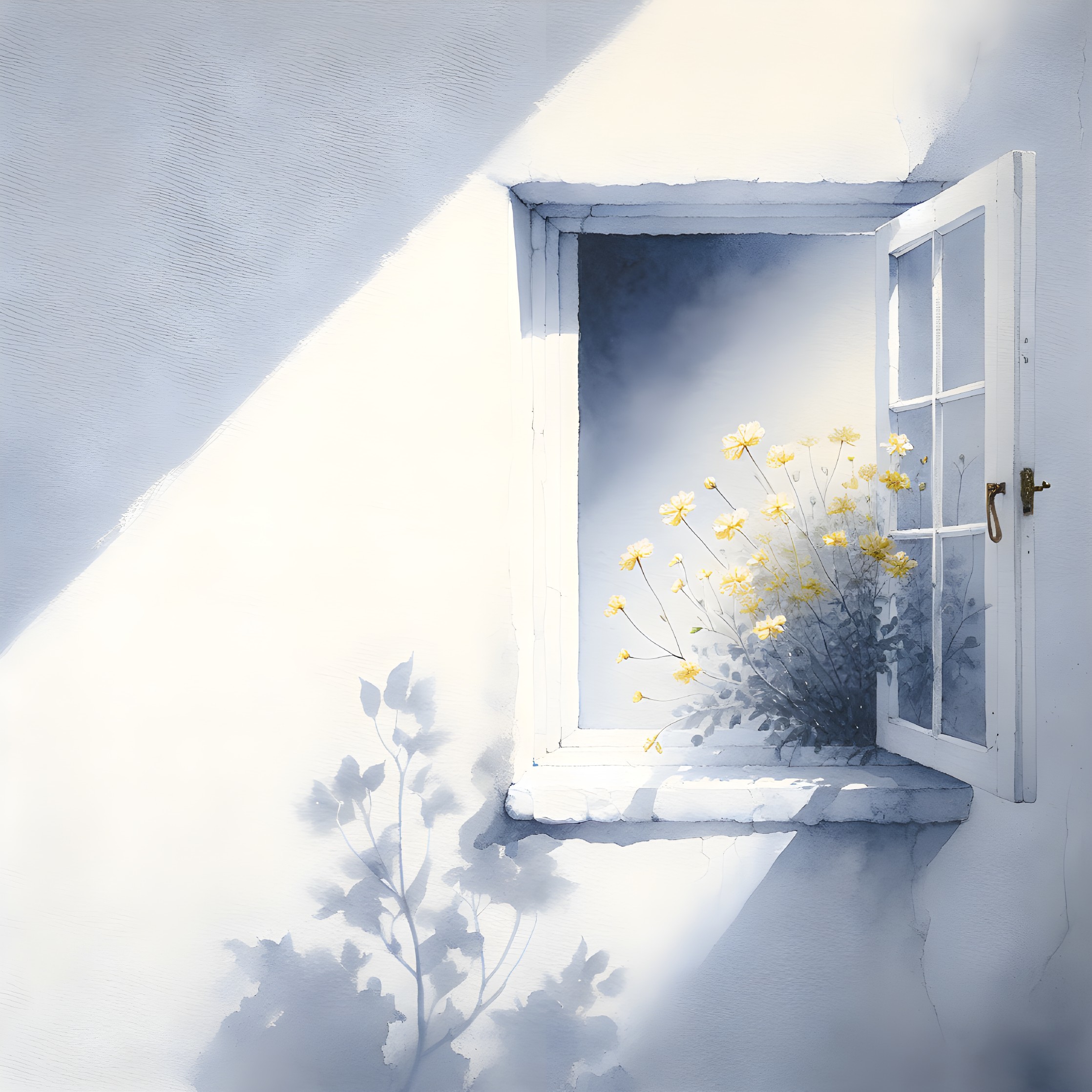 Serene Window Scene with Sunlight and Yellow Flowers