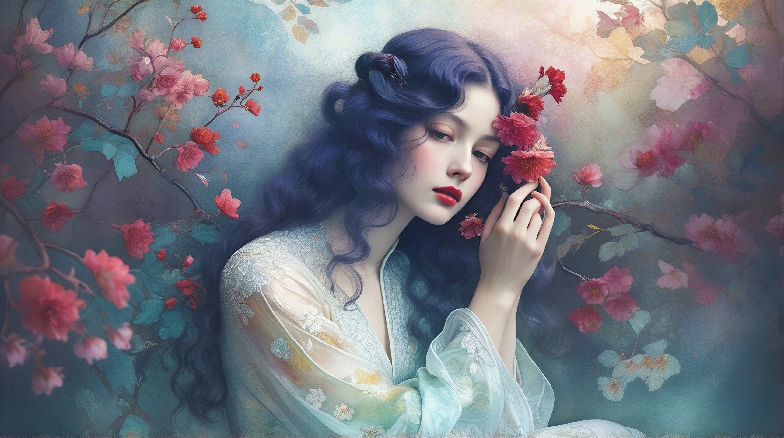 Portrait of a Young Woman with Blue Hair and Flowers