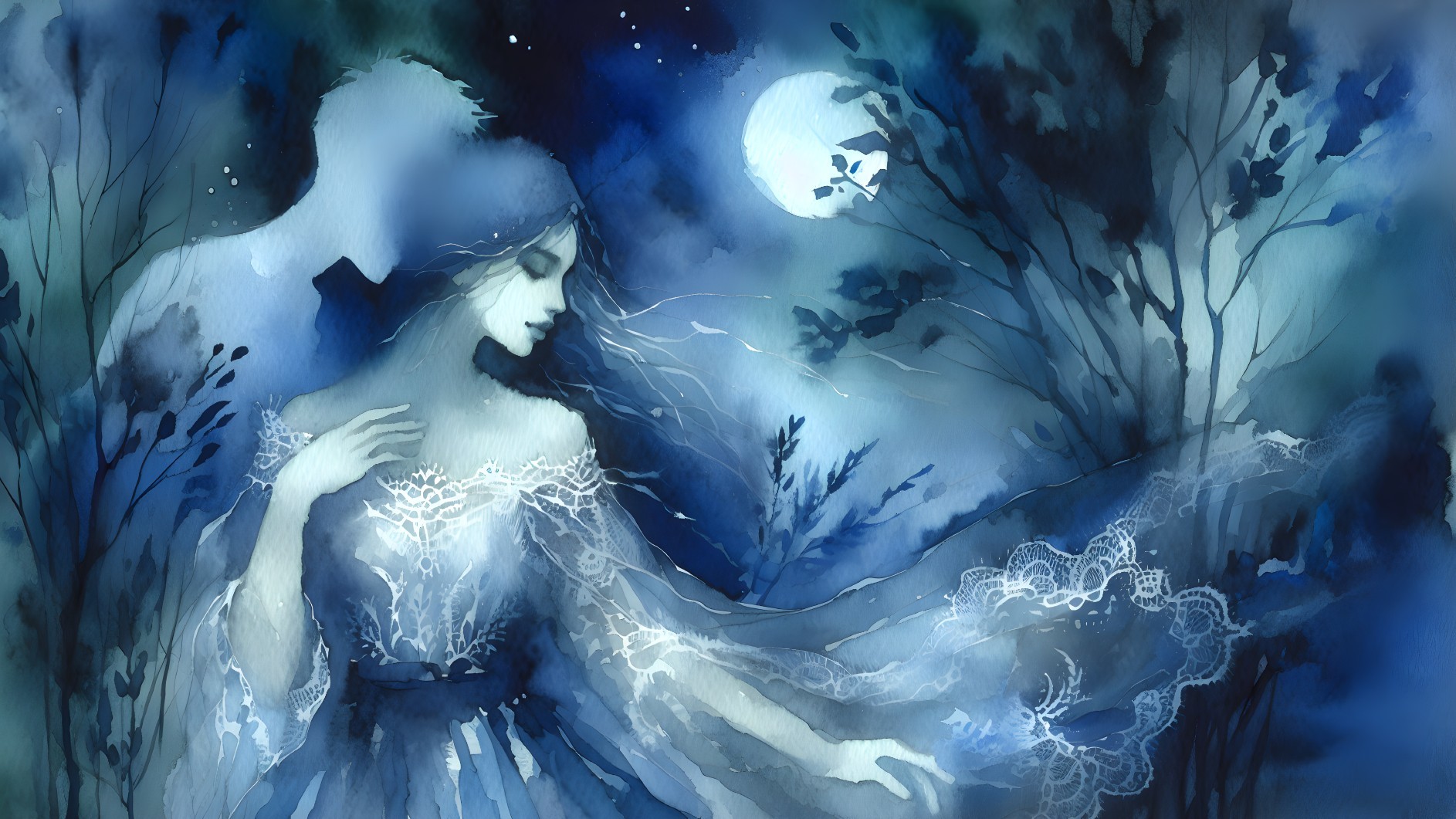 Ethereal Figure in Moonlit Mystical Landscape