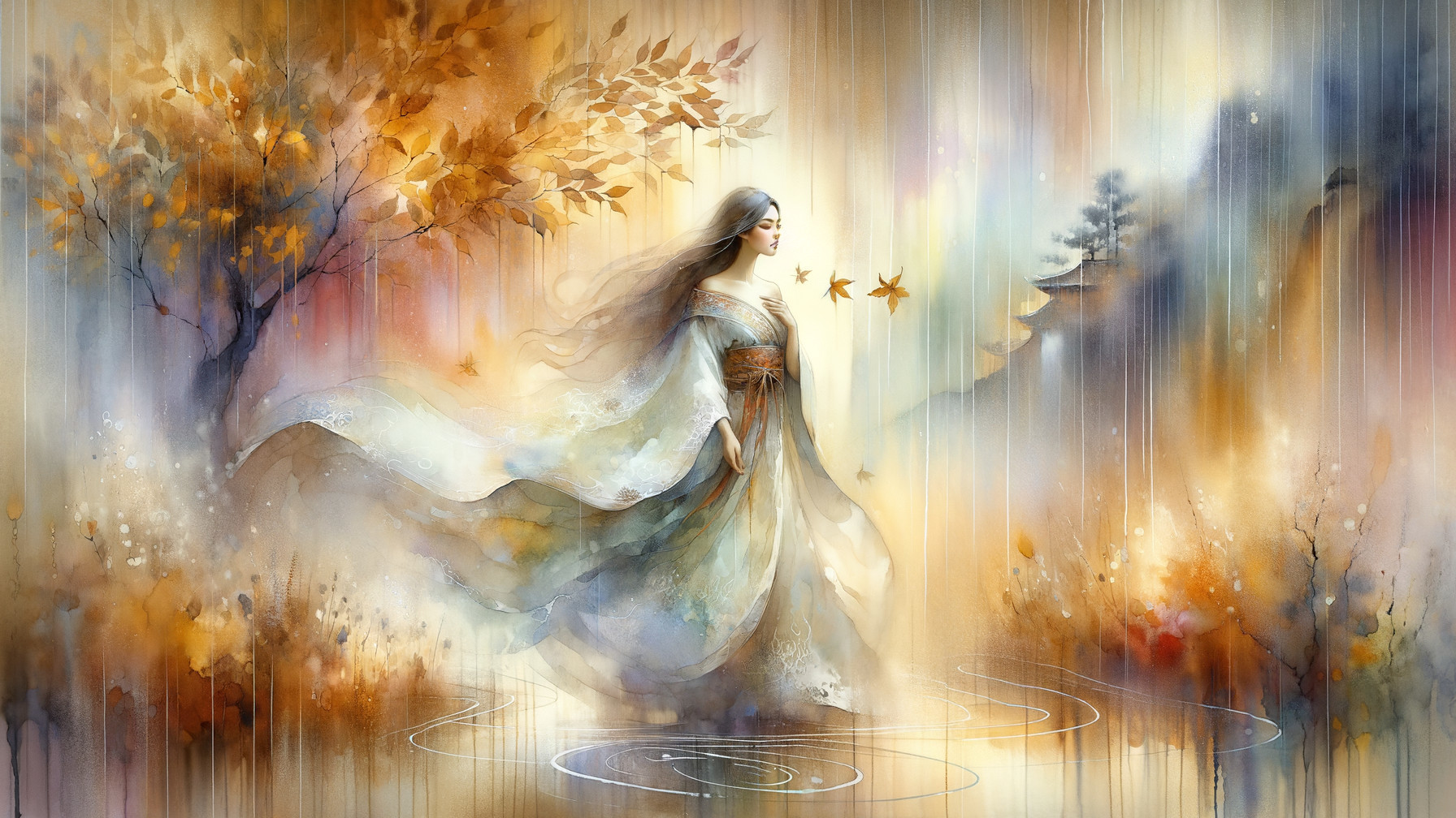 Watercolor Scene of Woman in Autumn Landscape