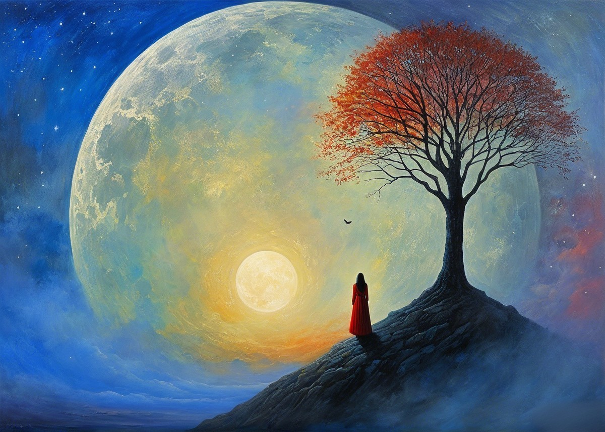 Vibrant Landscape with Tree, Moon, and Silhouette