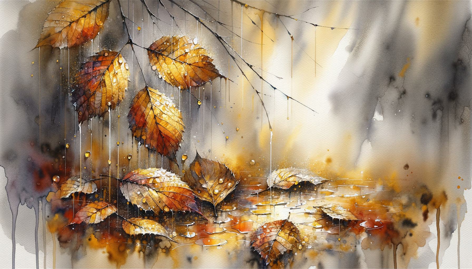 Autumn Watercolor Scene with Leaves and Raindrops