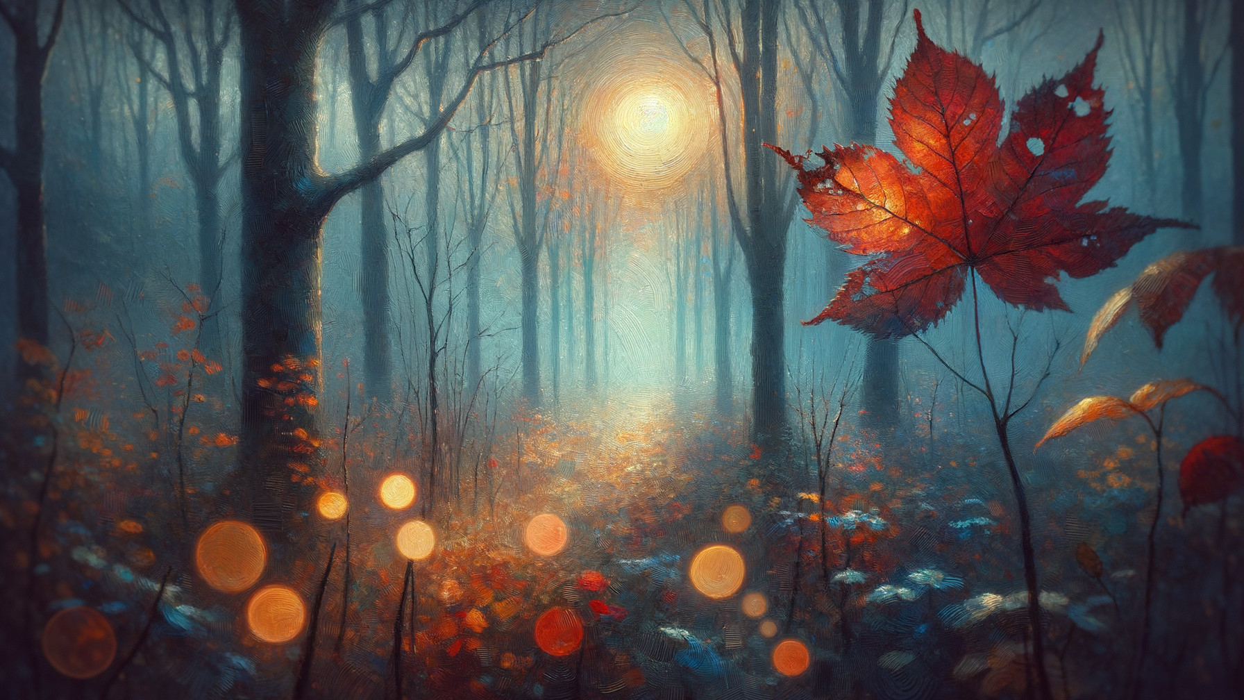 Misty Forest with Autumn Leaves and Glowing Sun