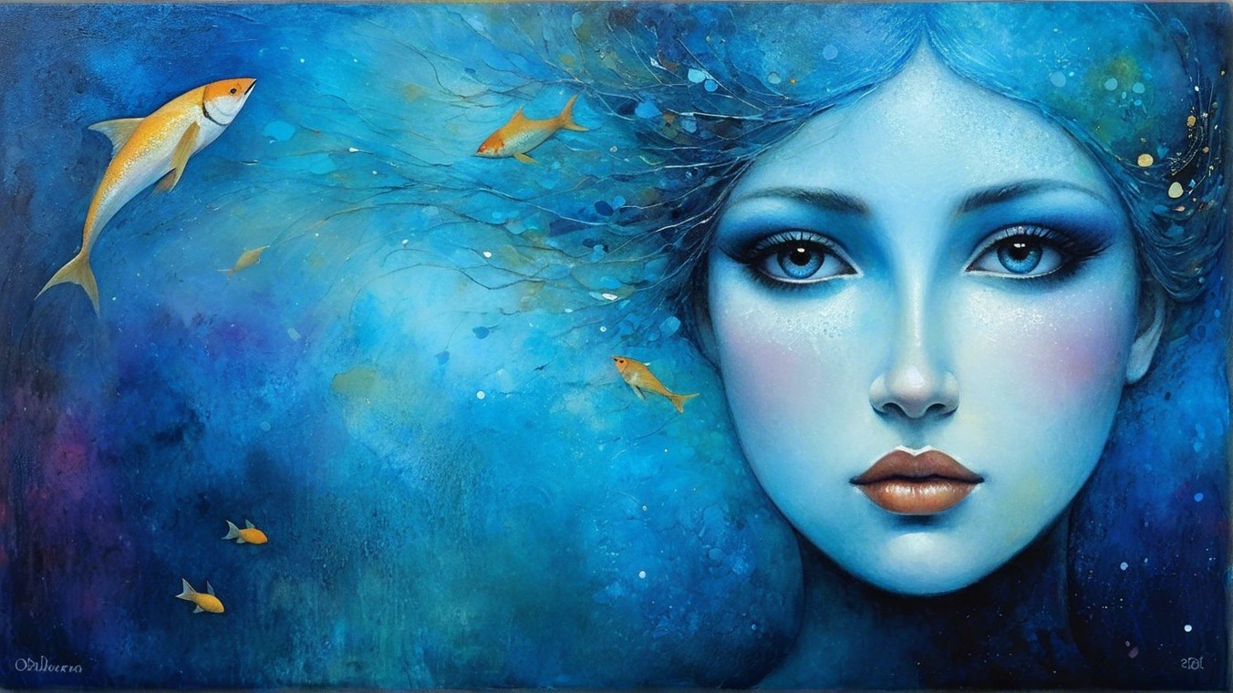 Serene Woman with Blue Skin in Aquatic Scene