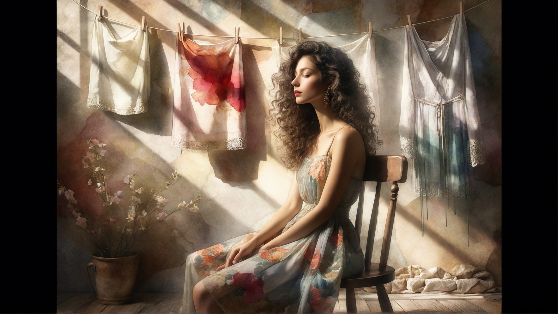 Young woman in floral dress seated in sunlit room