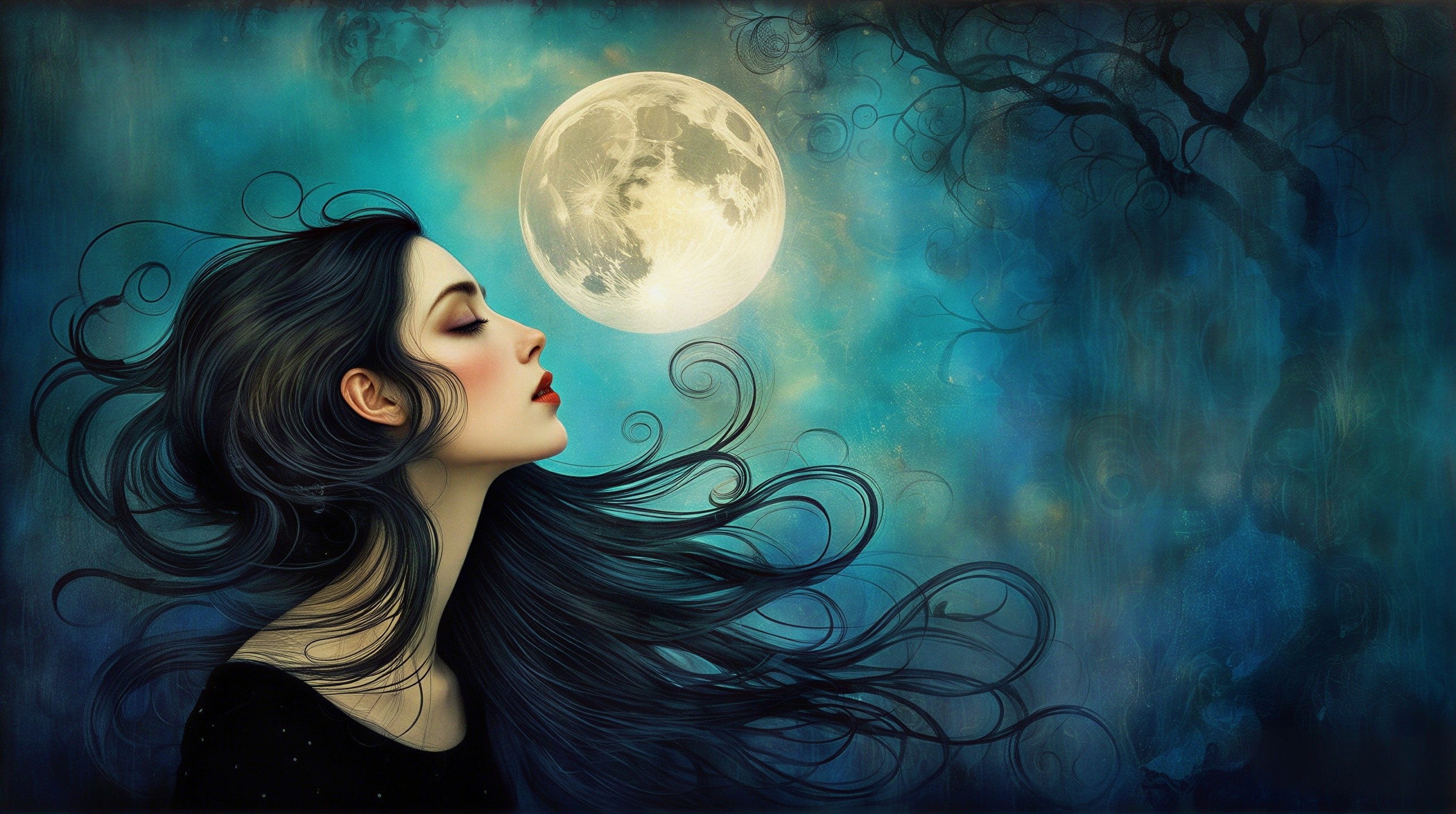Serene Woman Under Luminous Full Moon Artwork