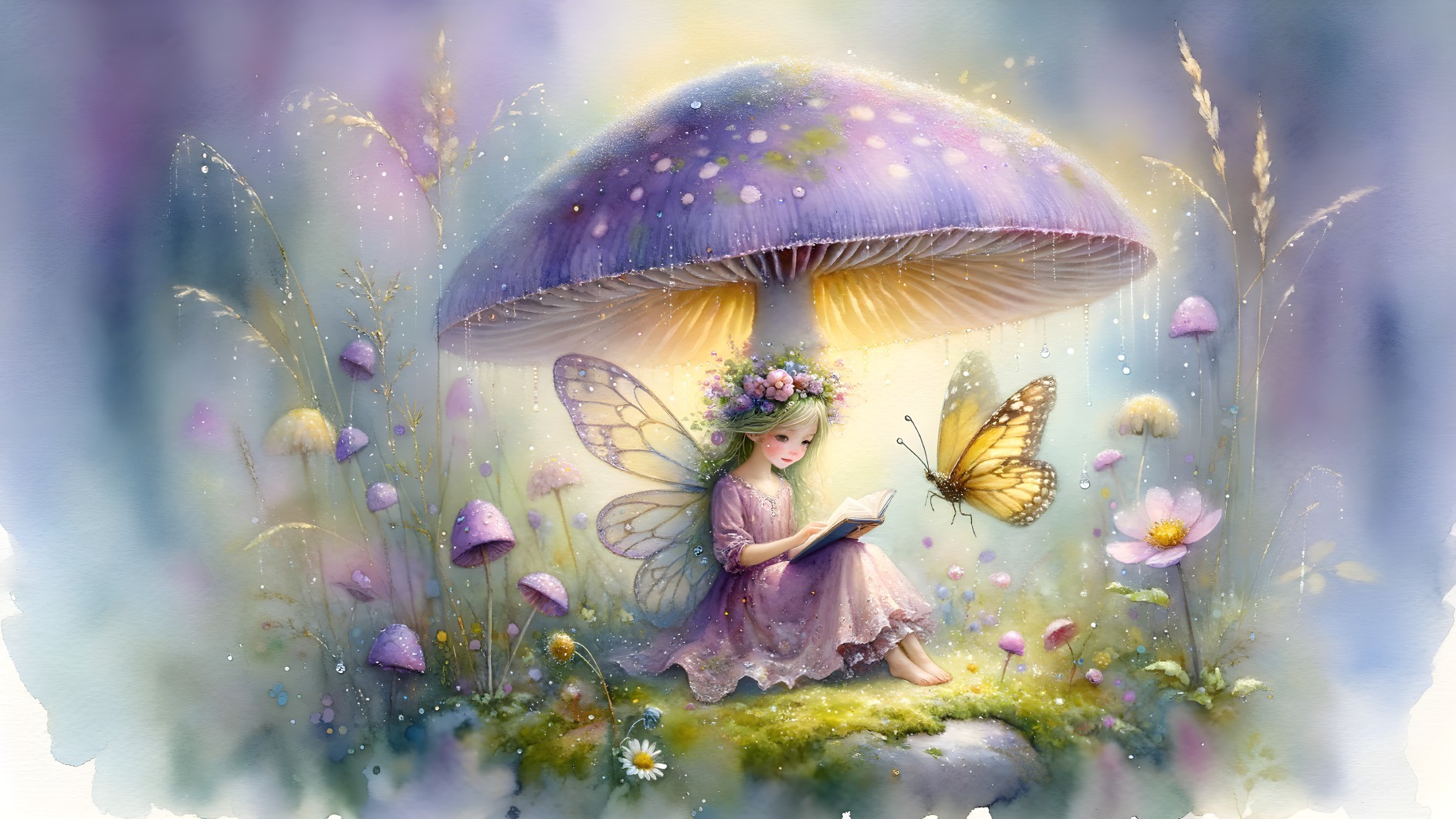 Fairy Reading Under Purple Mushroom in Pastel Colors
