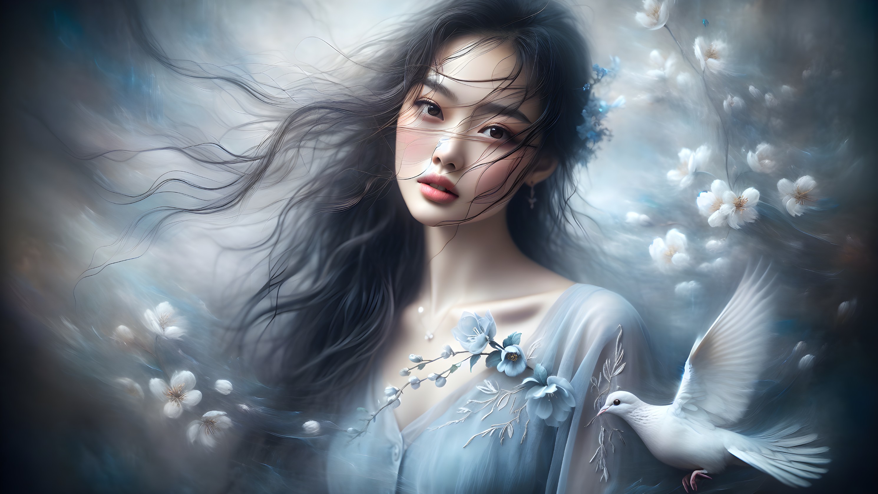 Young woman in blue dress with dove in misty scene