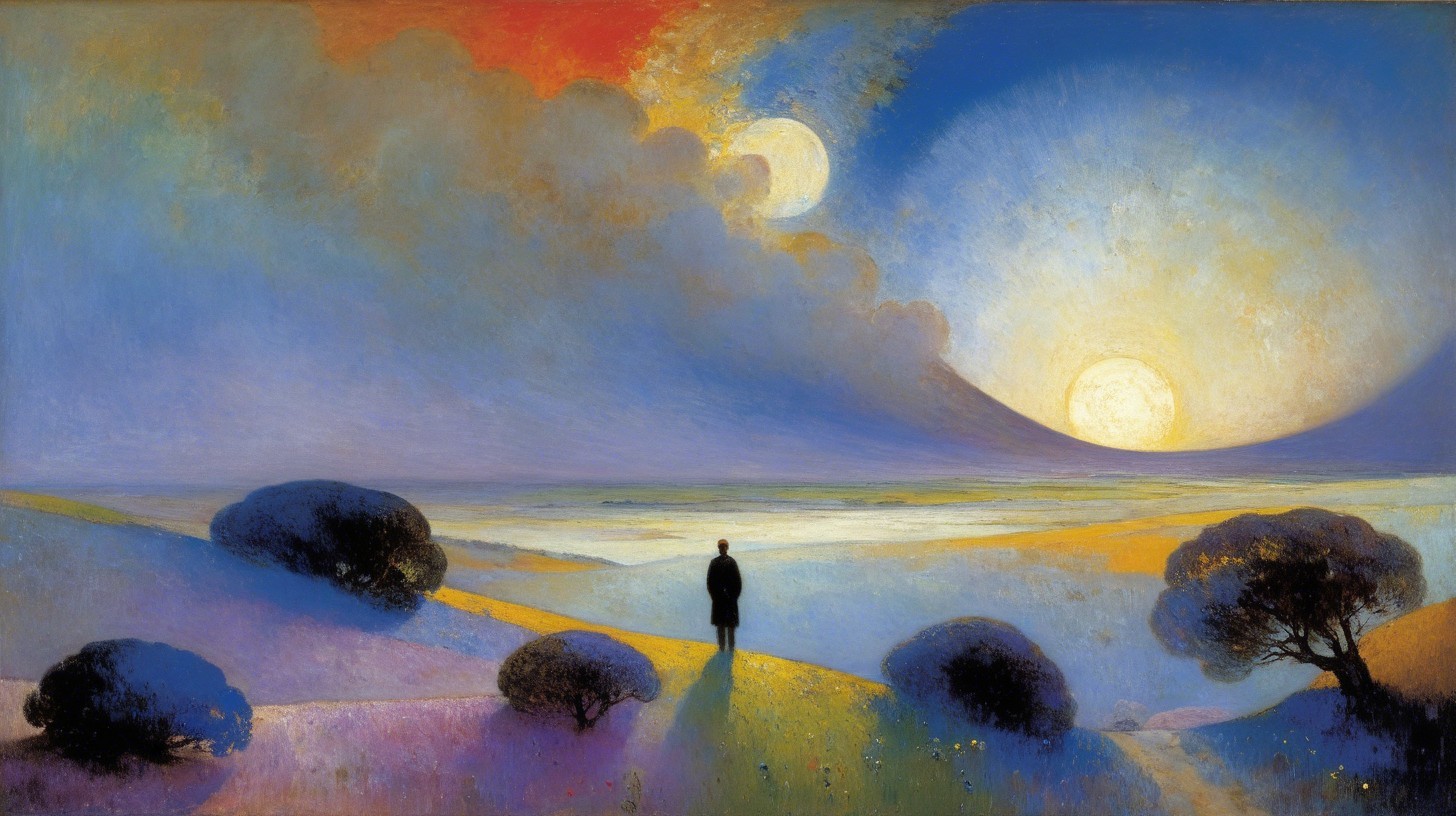 Serene Landscape with Celestial Bodies and Tranquil Water