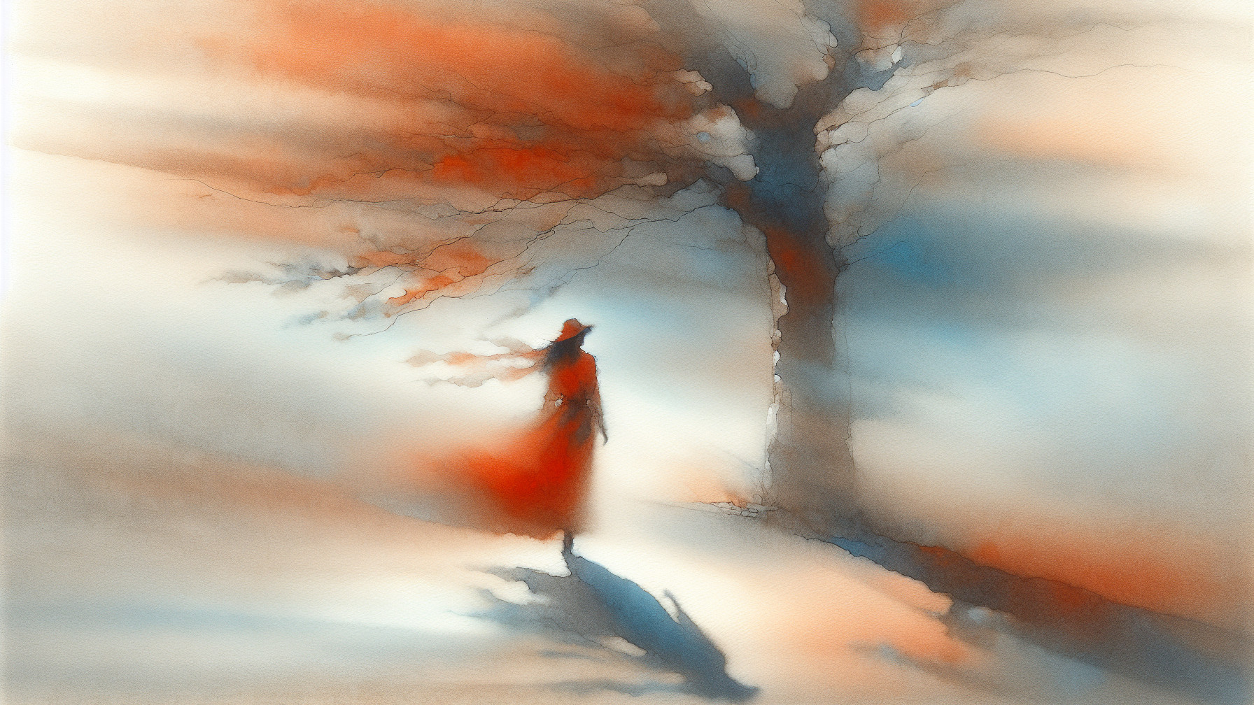 Figure in Red Cloak in Blurred Ethereal Landscape