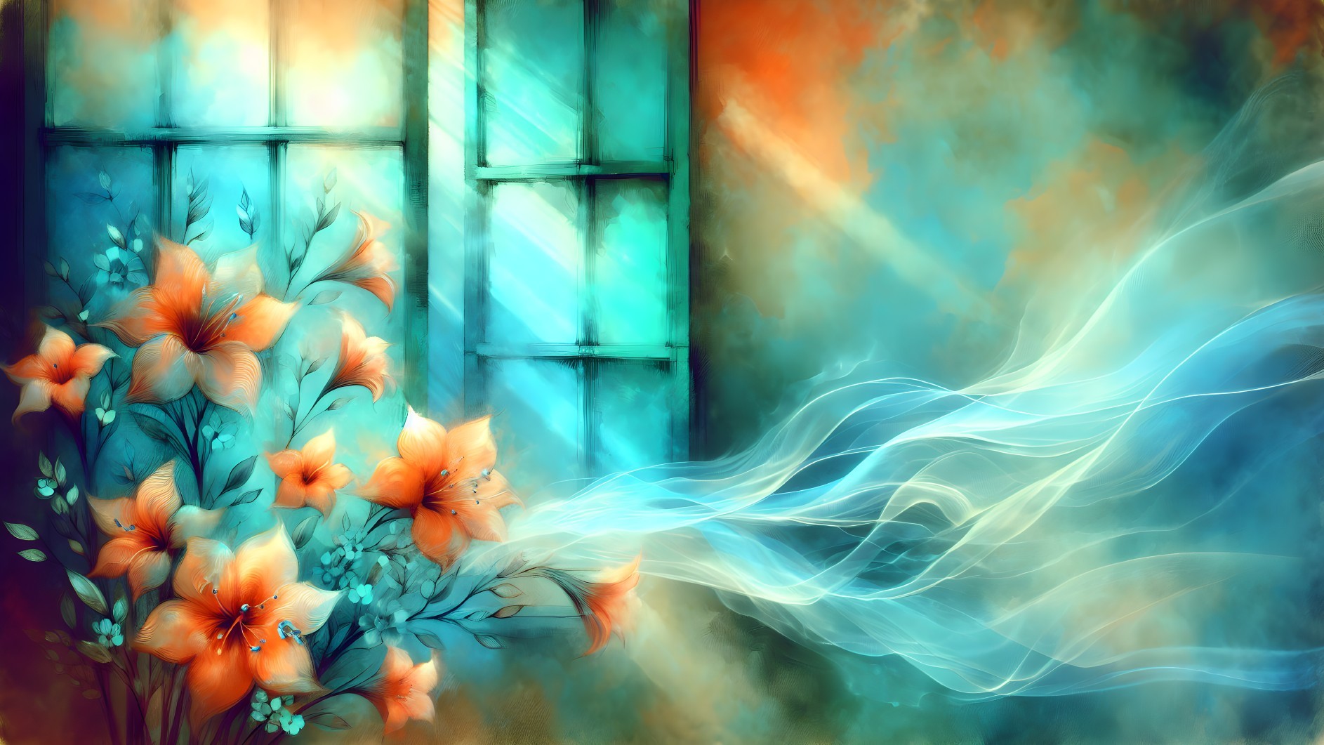 Vibrant scene of orange flowers by an open window