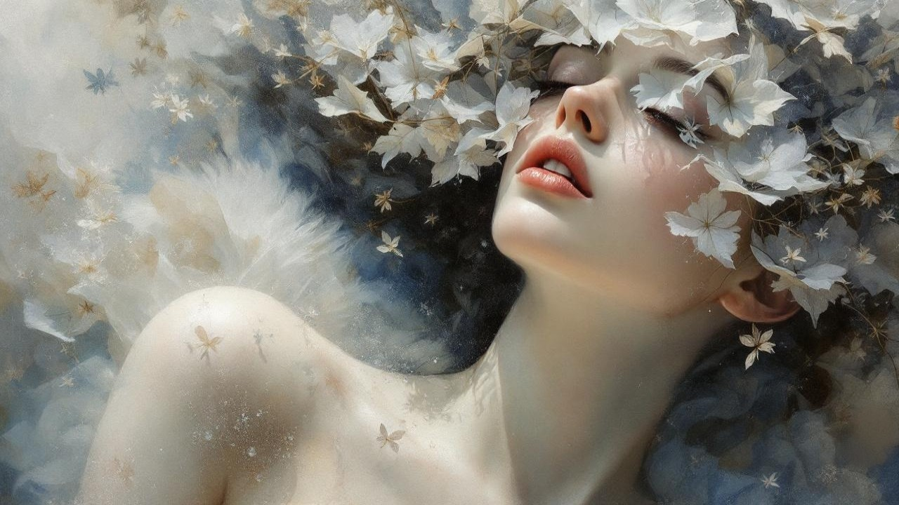 Ethereal Portrait of a Woman with White Flowers