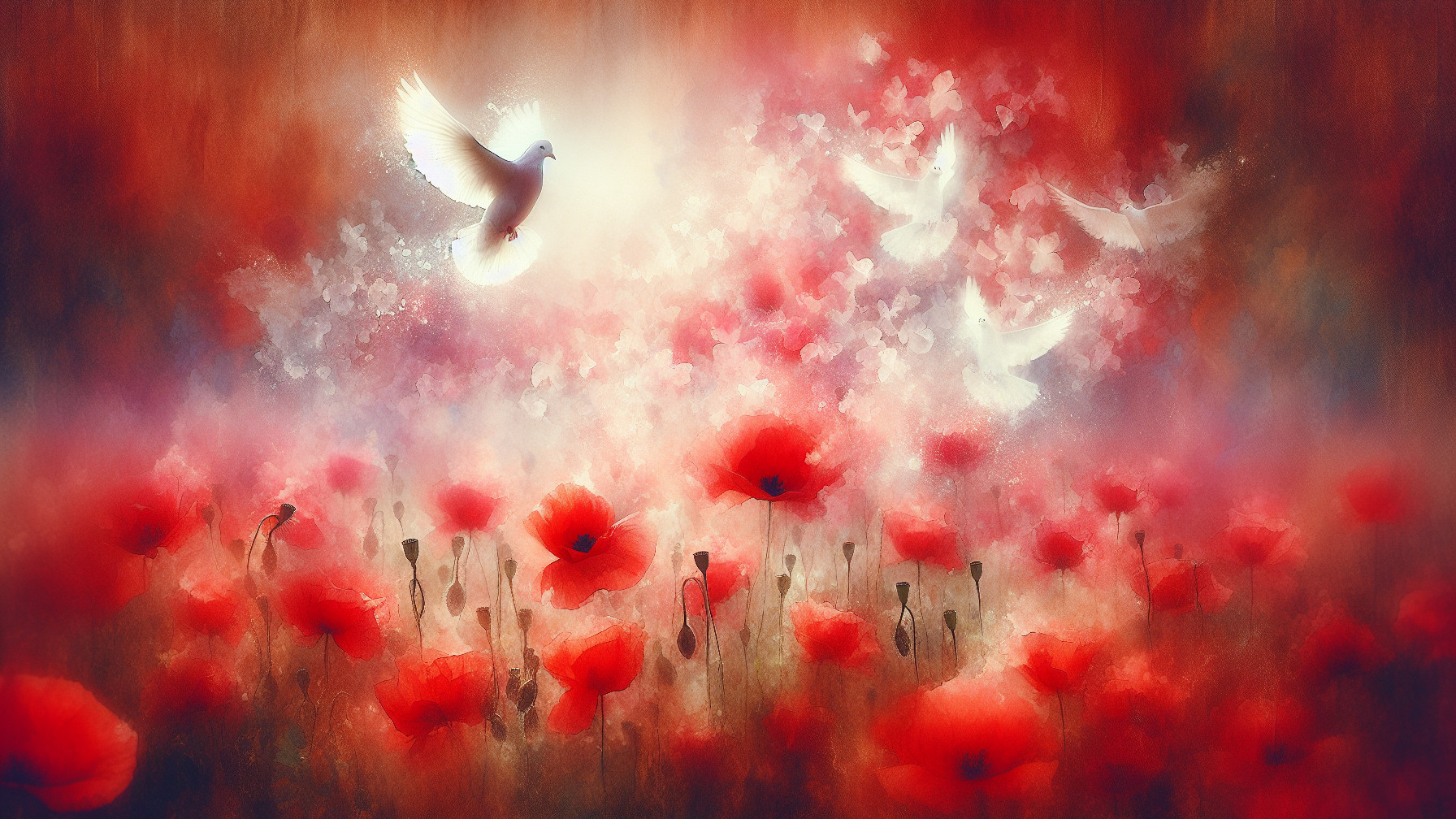 Vibrant Poppies and Doves in a Serene Landscape