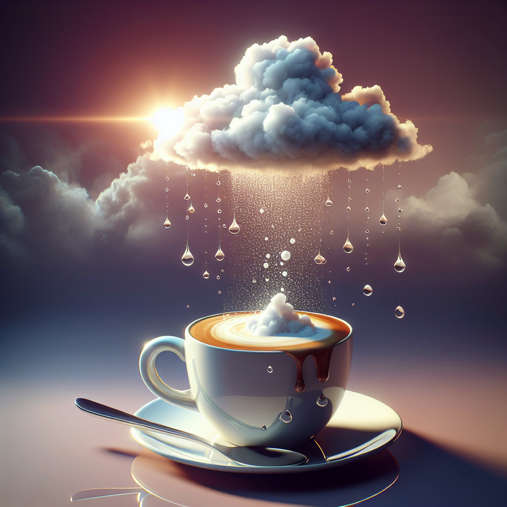 Whimsical Coffee Cup Under Rainy Cloud Scene