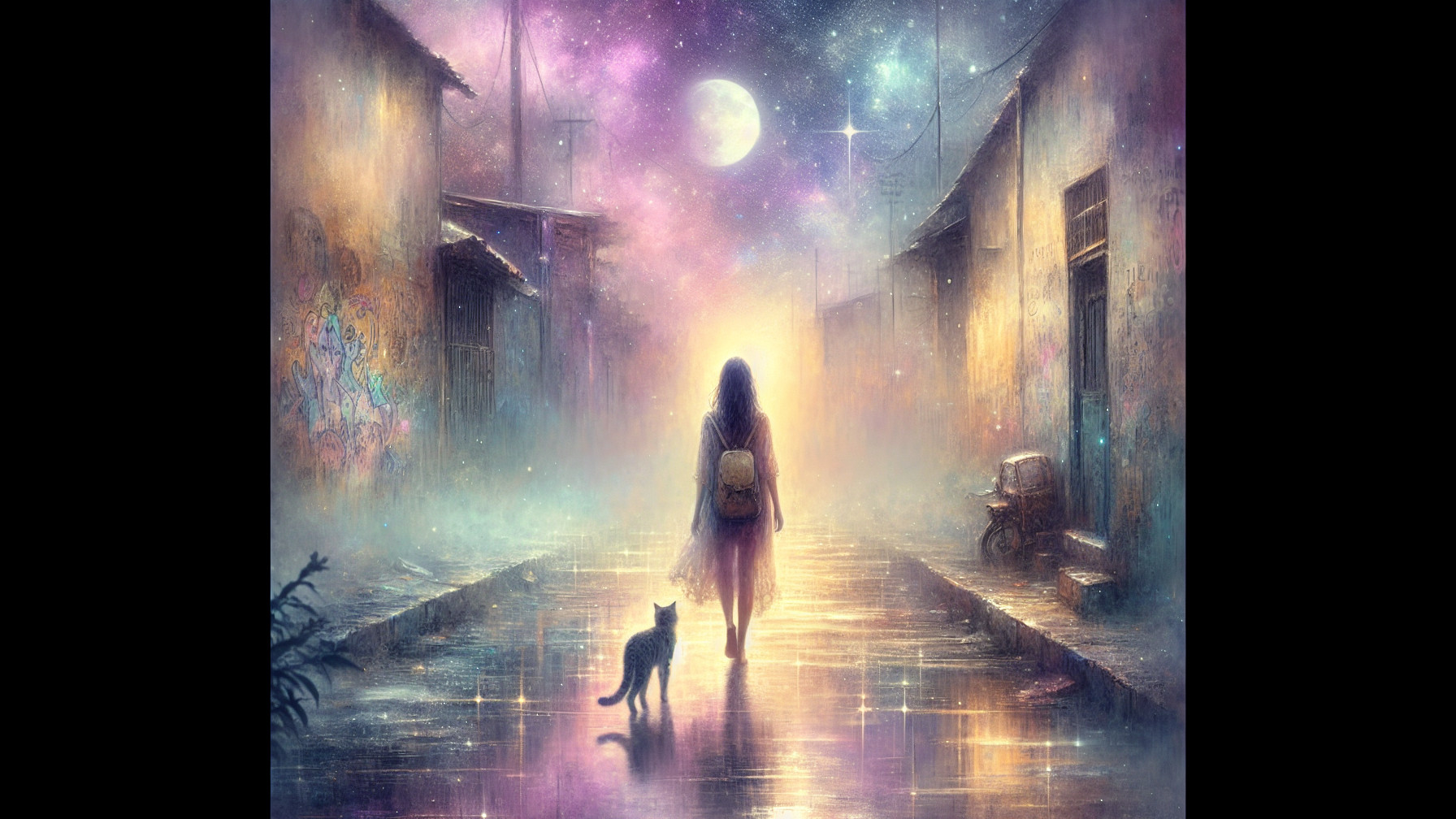 Dreamlike Alley with Girl and Cat Under Cosmic Sky