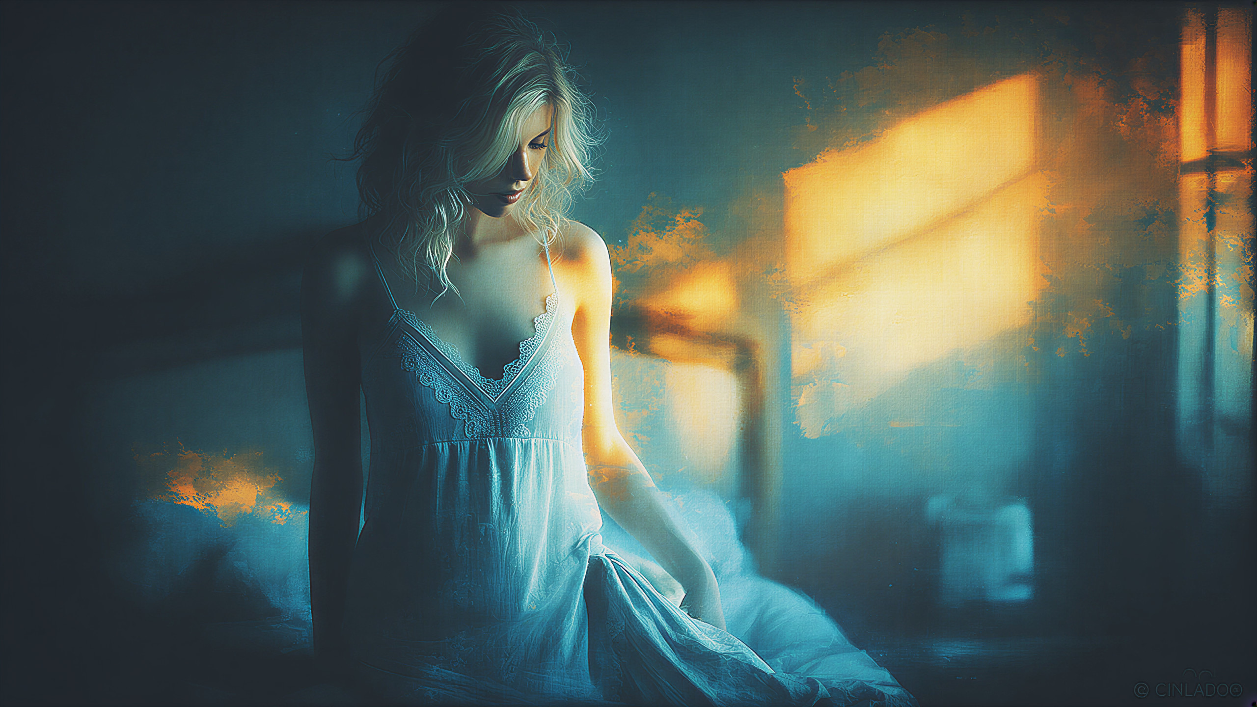 Serene Woman in Soft Light on Bed with Dreamy Atmosphere