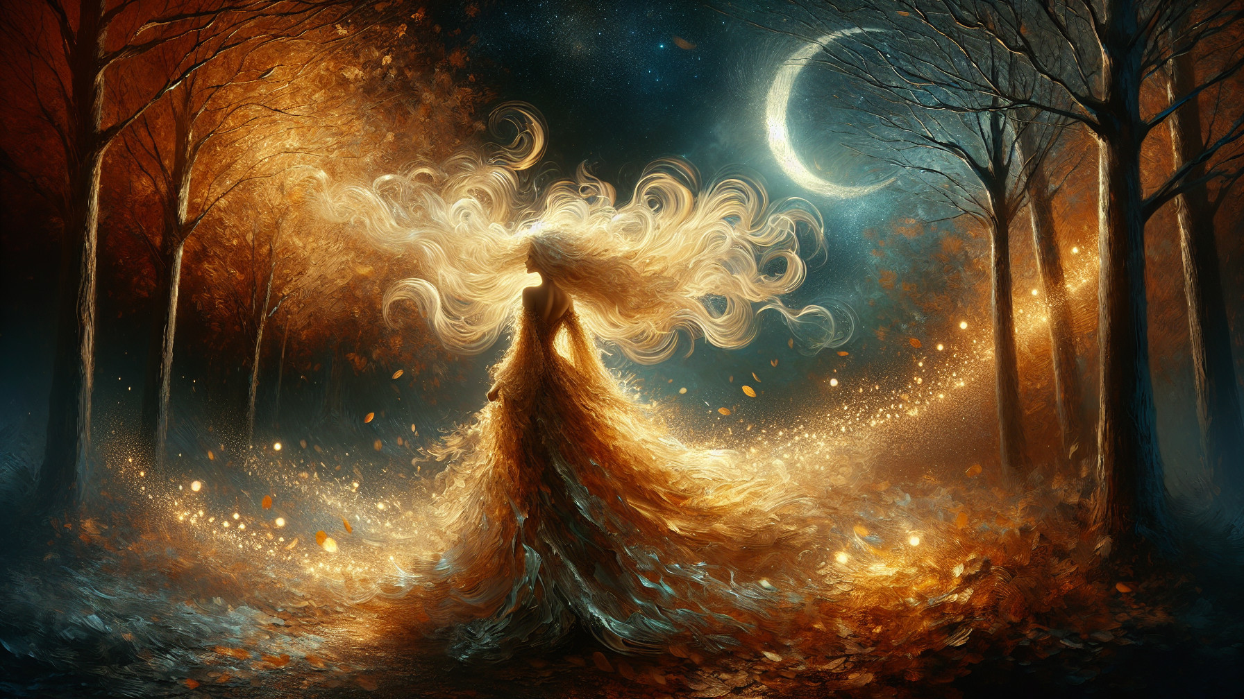 Ethereal figure in a mystical forest with golden gown