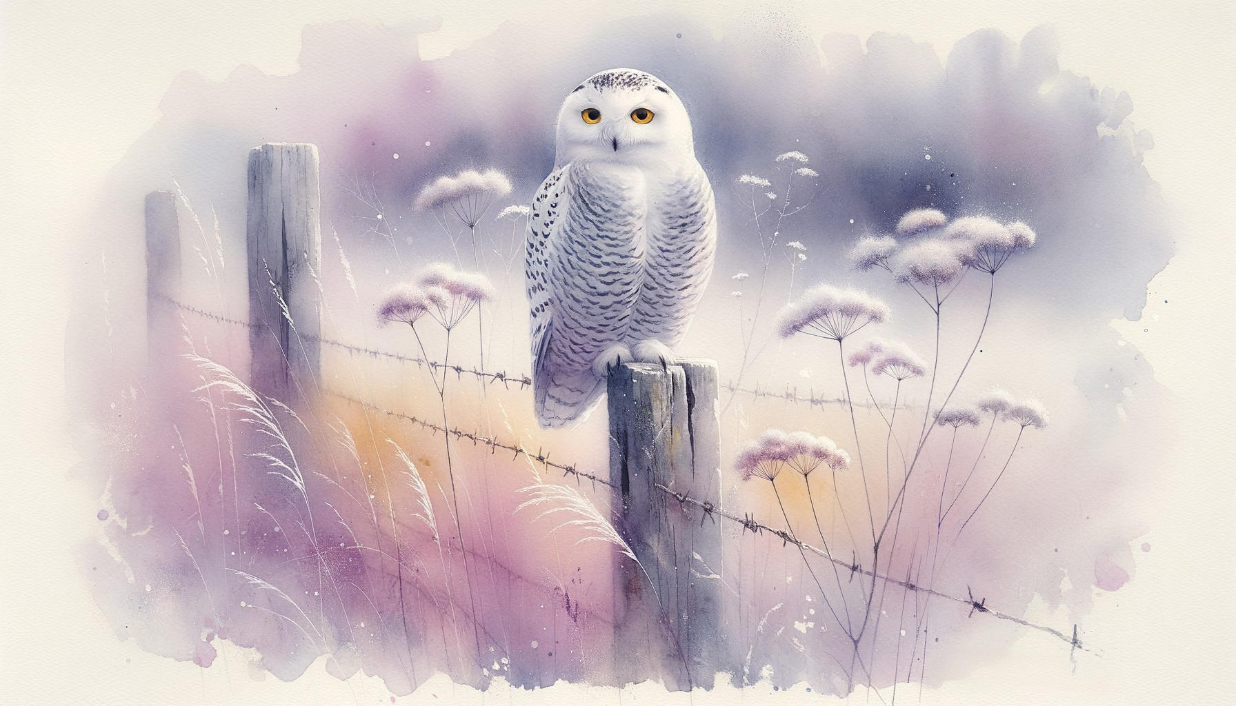 White Owl on Wooden Post Amidst Pastel Foliage
