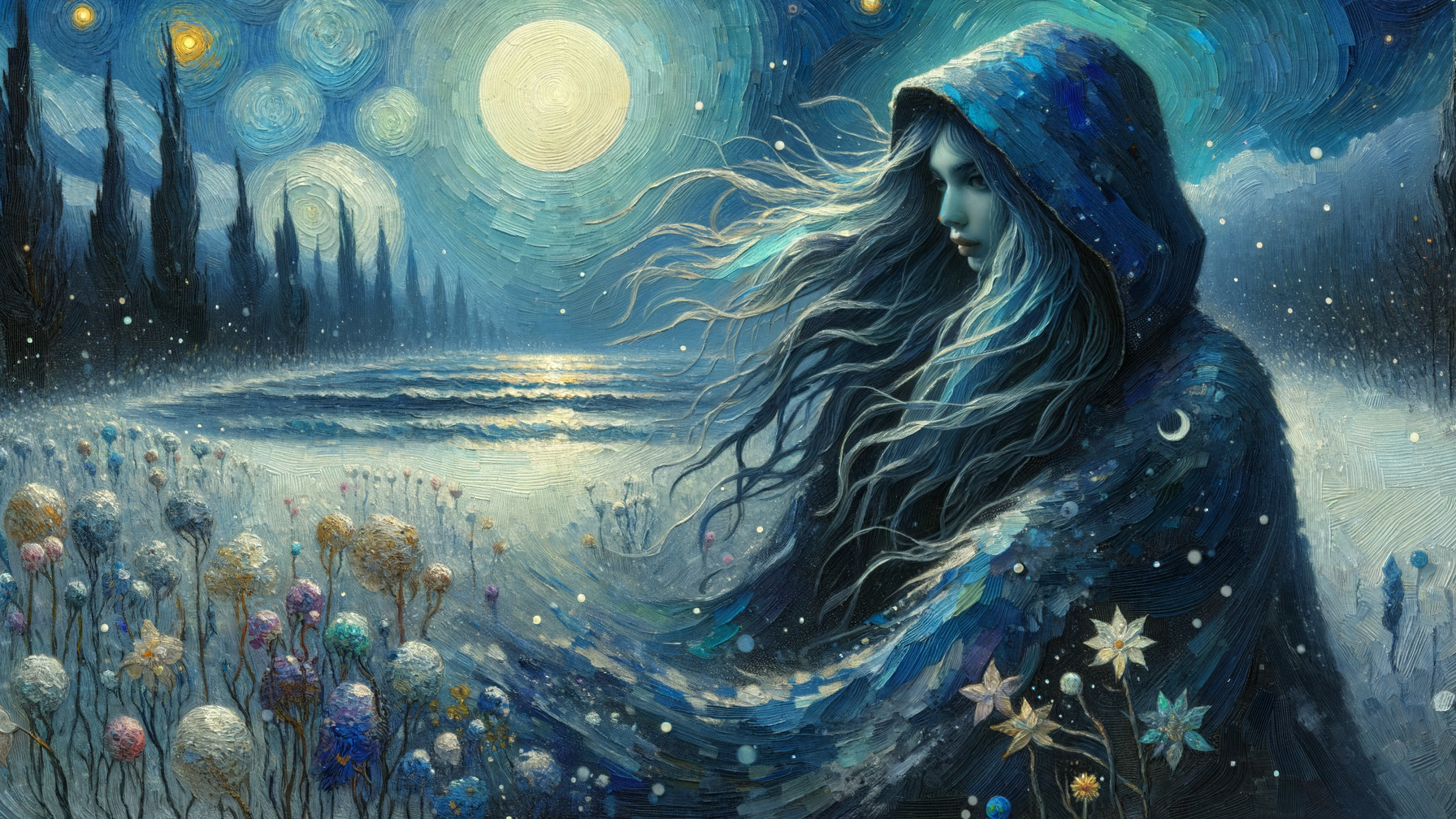 Mystical figure by a tranquil shore under a starry sky