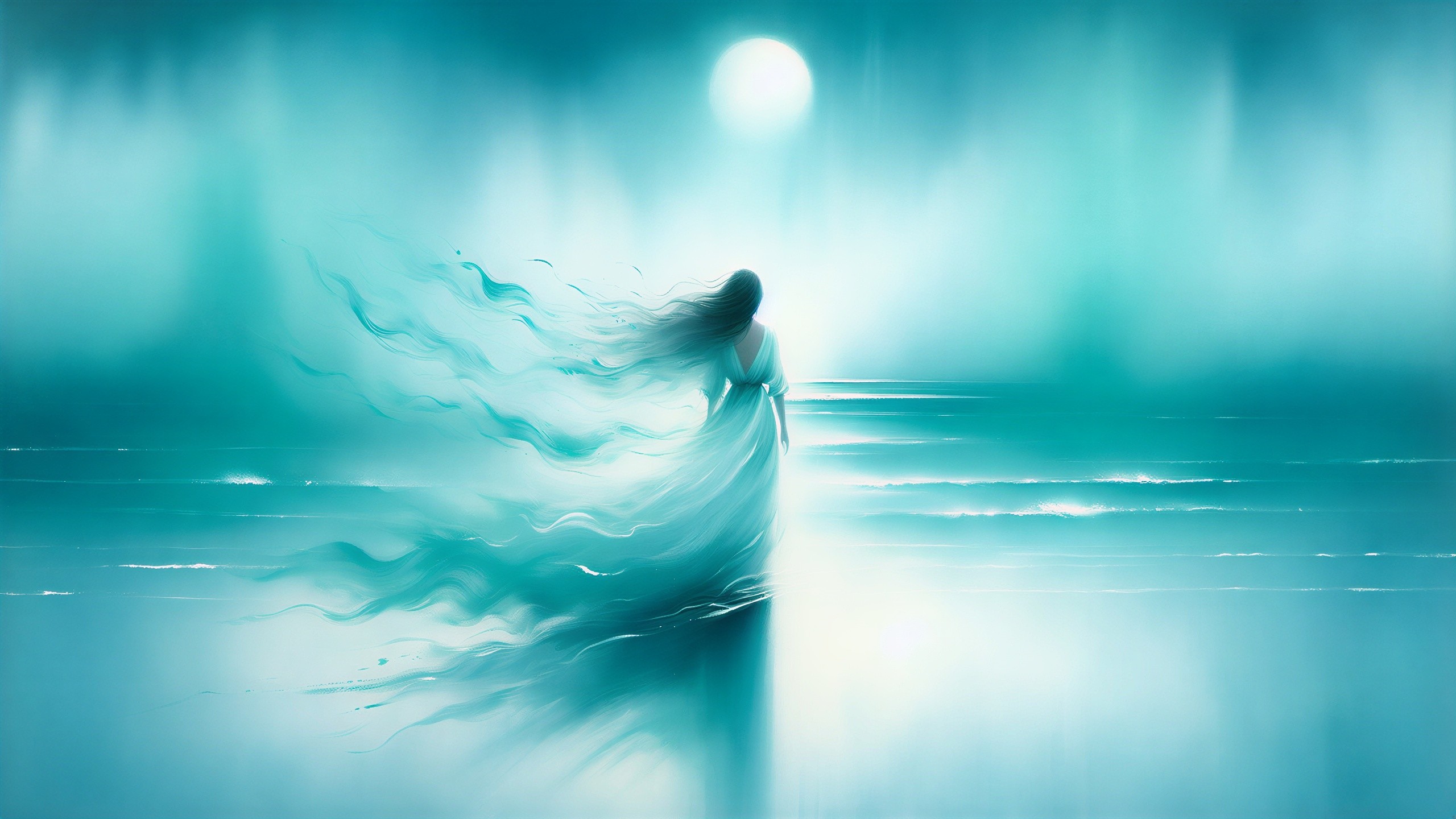 Serene figure by ethereal ocean under luminous moon