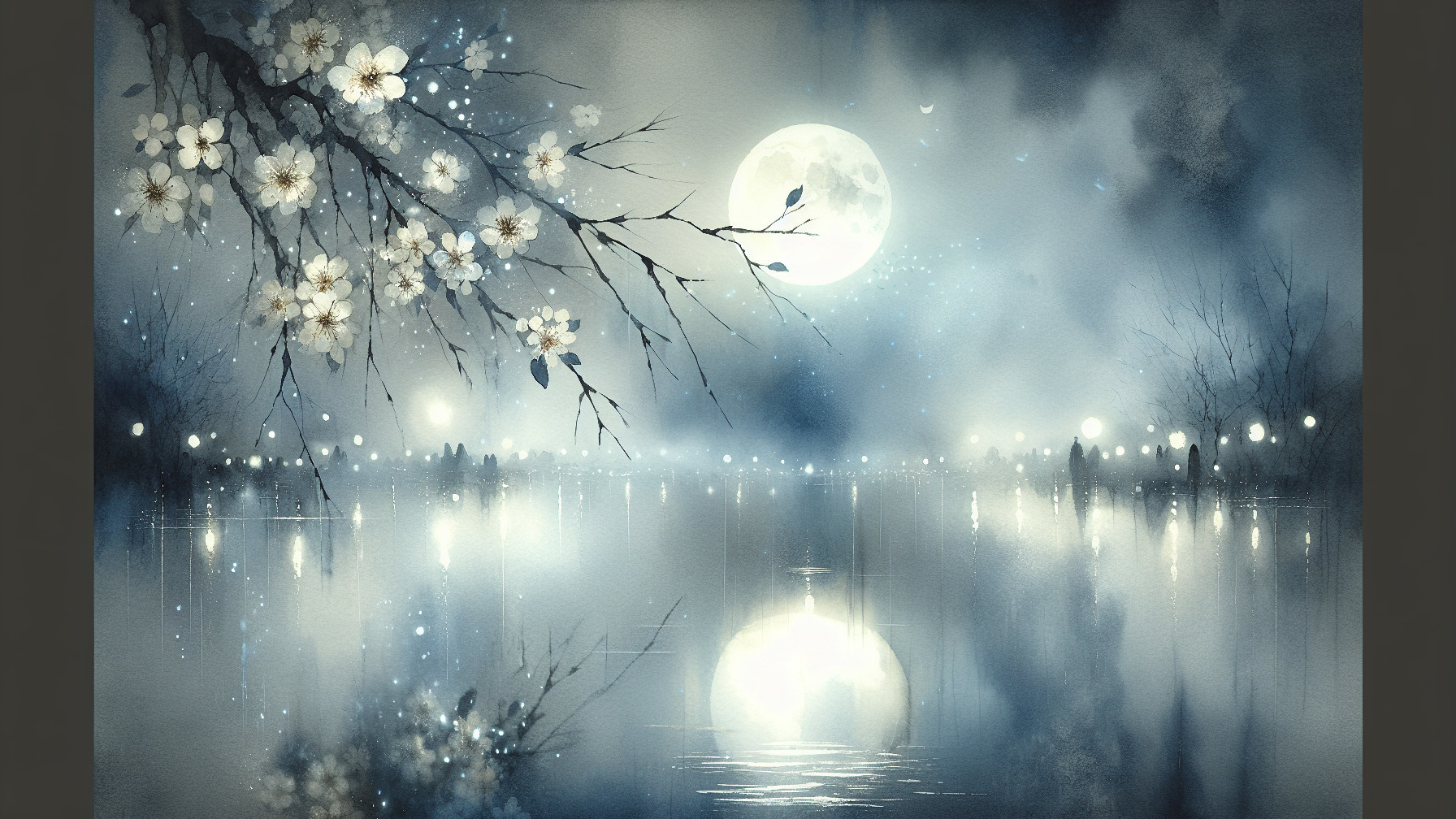 Luminous Full Moon Over Serene Lake with Cherry Blossoms