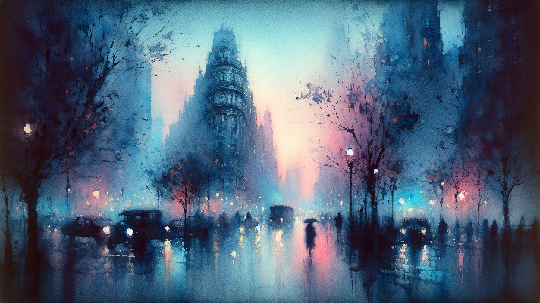 Misty Cityscape at Dusk with Architectural Features