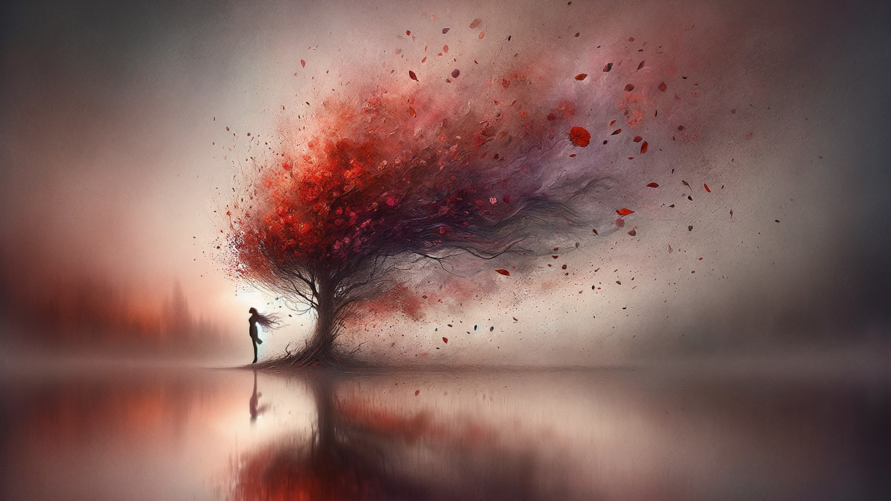 Surreal Scene of a Figure by a Vibrant Red Tree