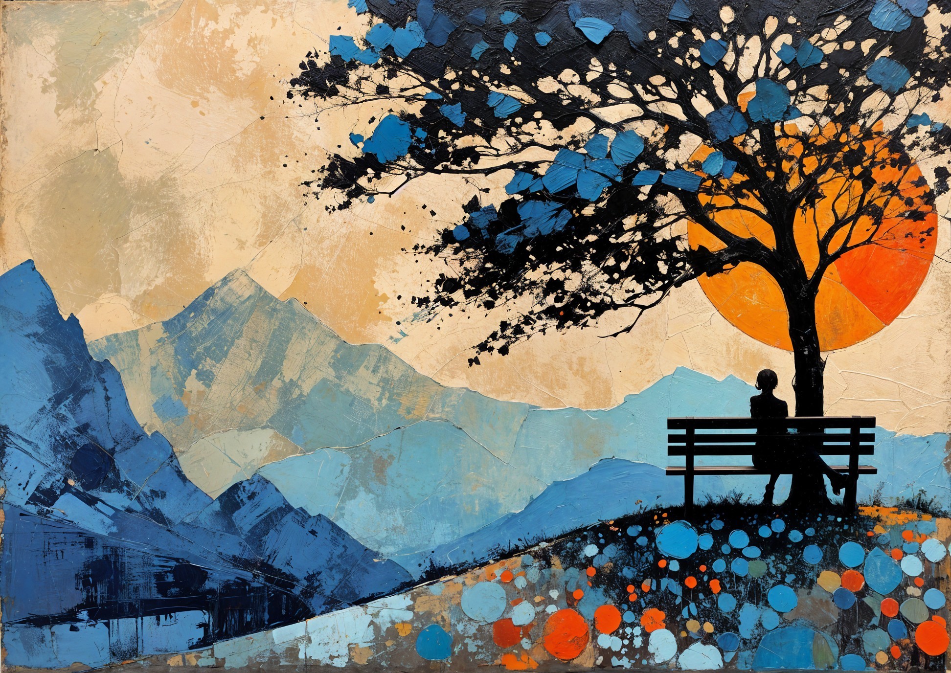 Serene sunset landscape with couple under a tree