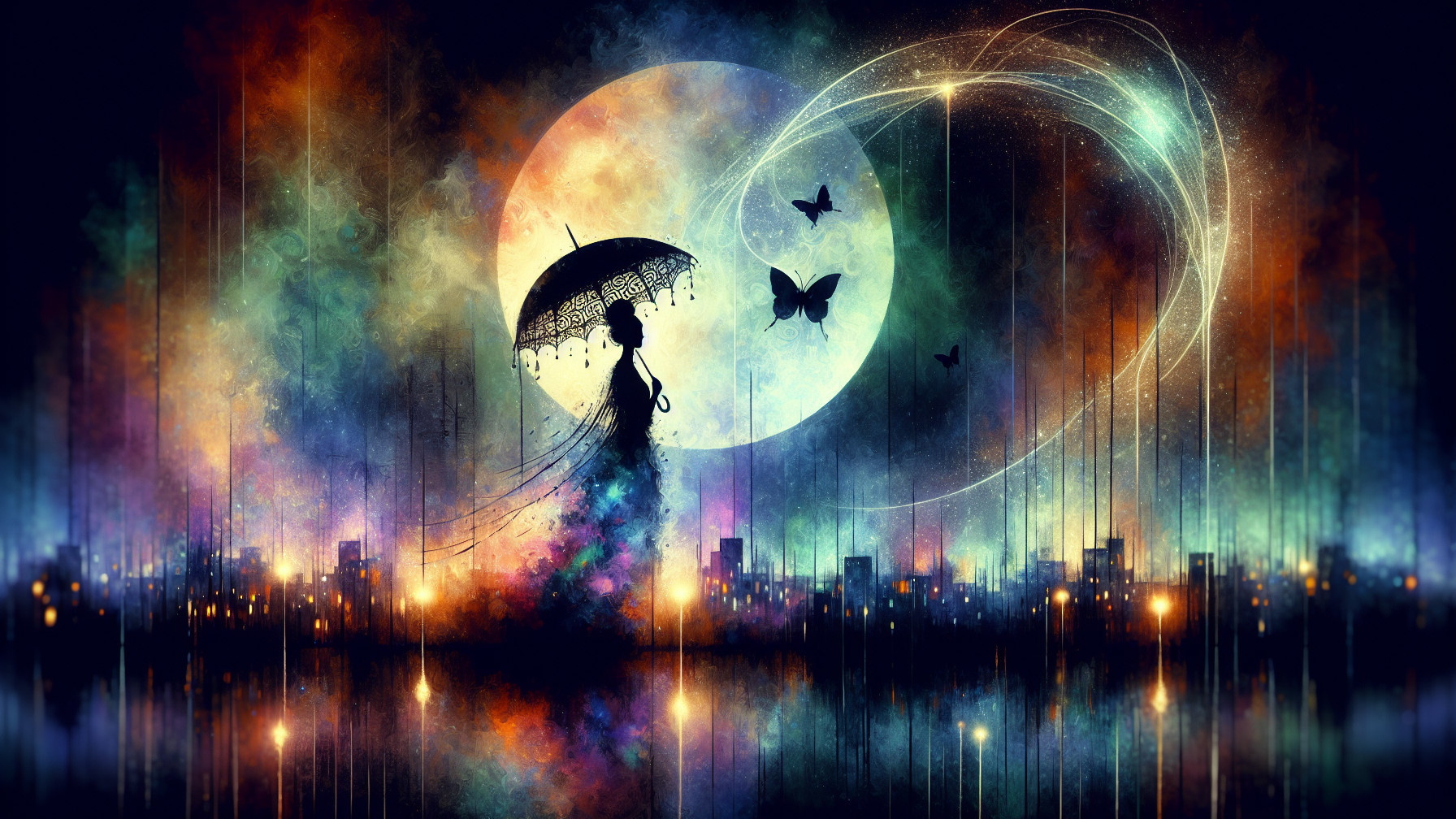 Silhouette with Umbrella Against Colorful Moonlit Scene