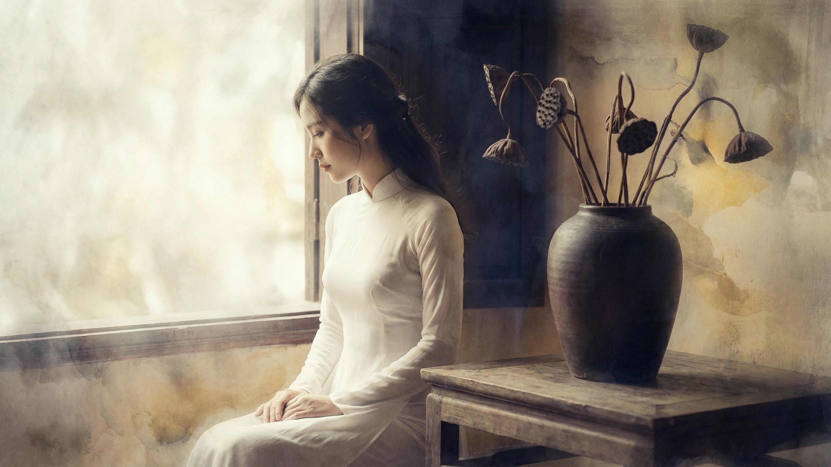 Young Woman in Ao Dai by Window with Lotus Pods