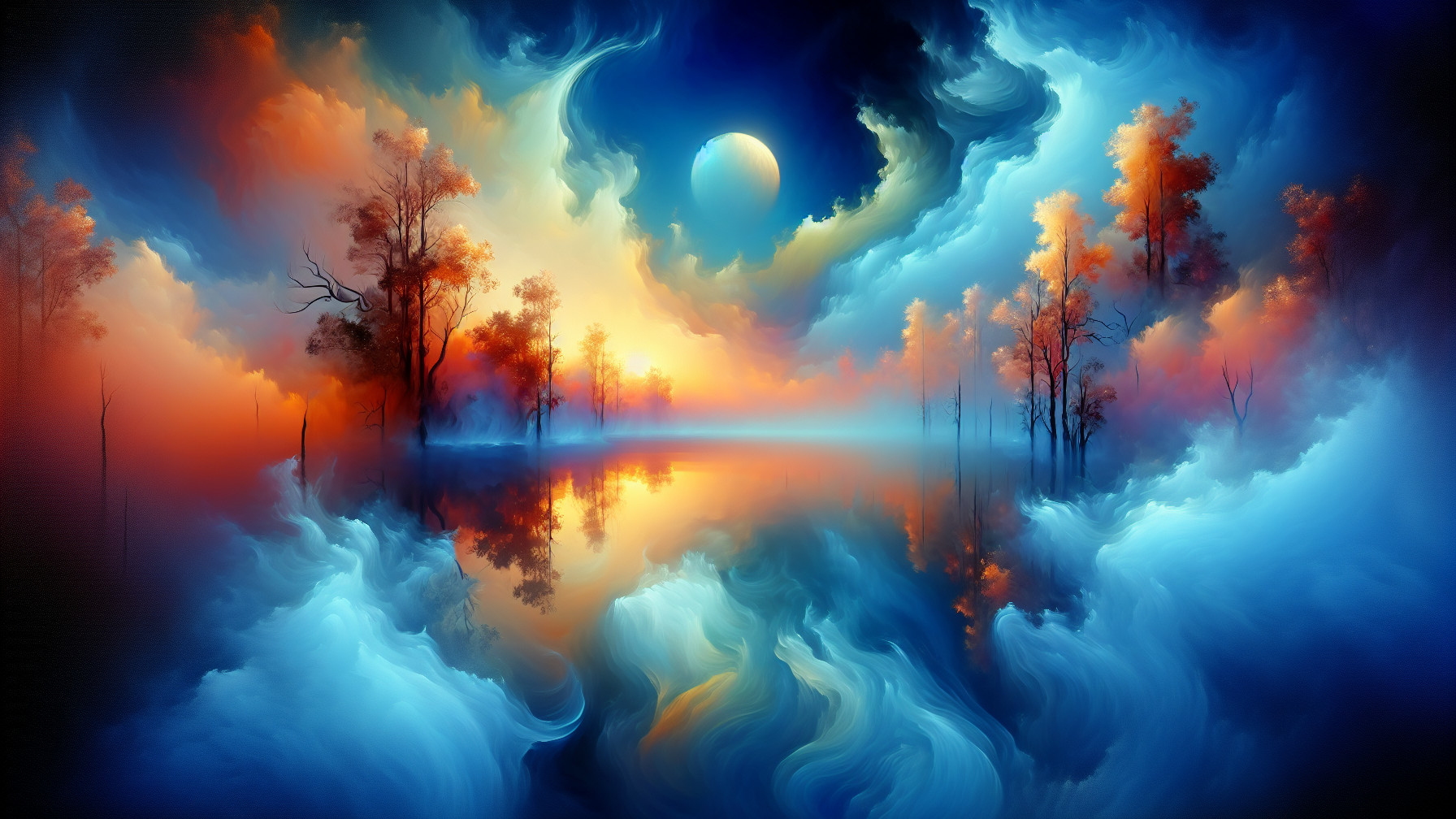Tranquil Lake Landscape with Vibrant Colors and Moon
