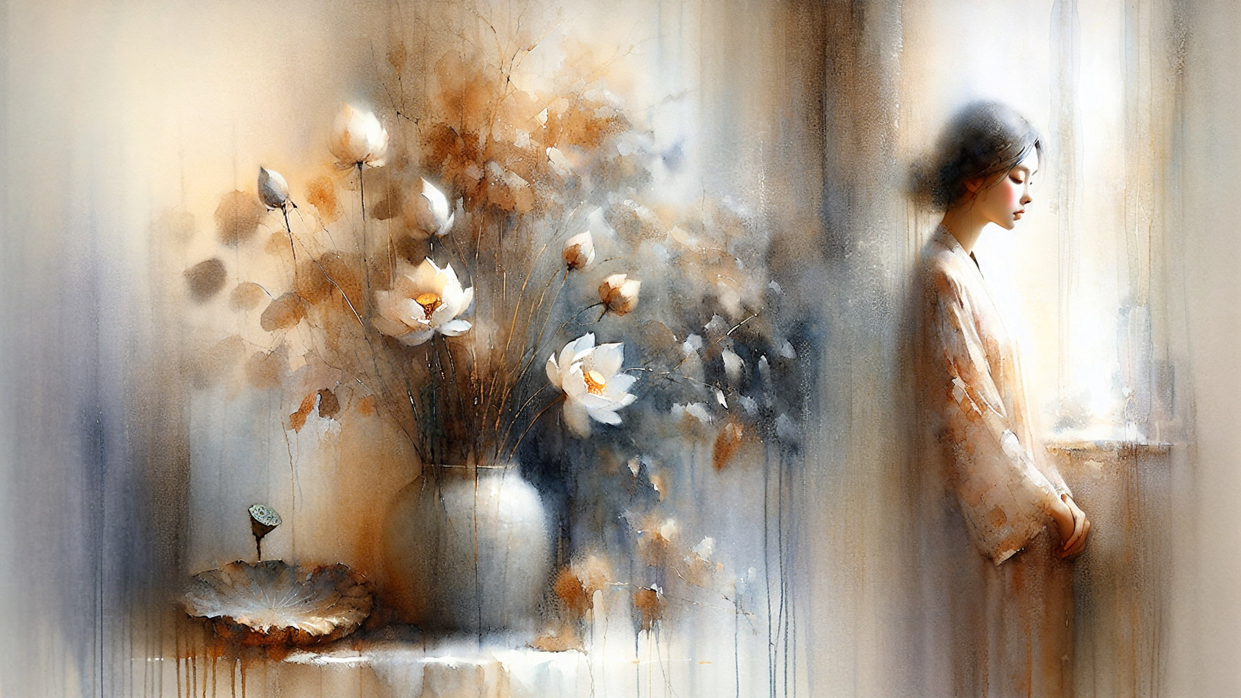 Young Woman by Window with White Flowers in Light