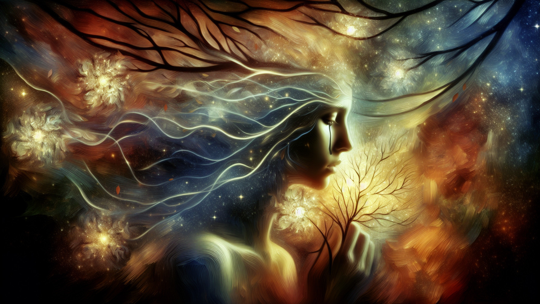 Ethereal Figure Amidst Cosmic Background and Flora