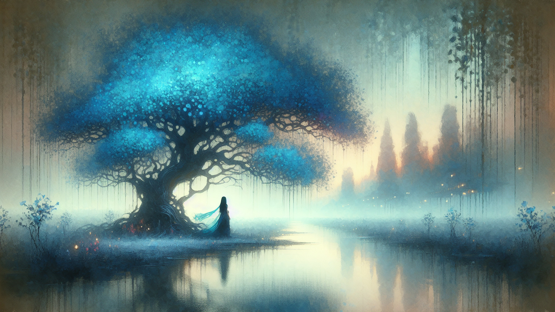 Majestic tree with blue leaves by a serene lake