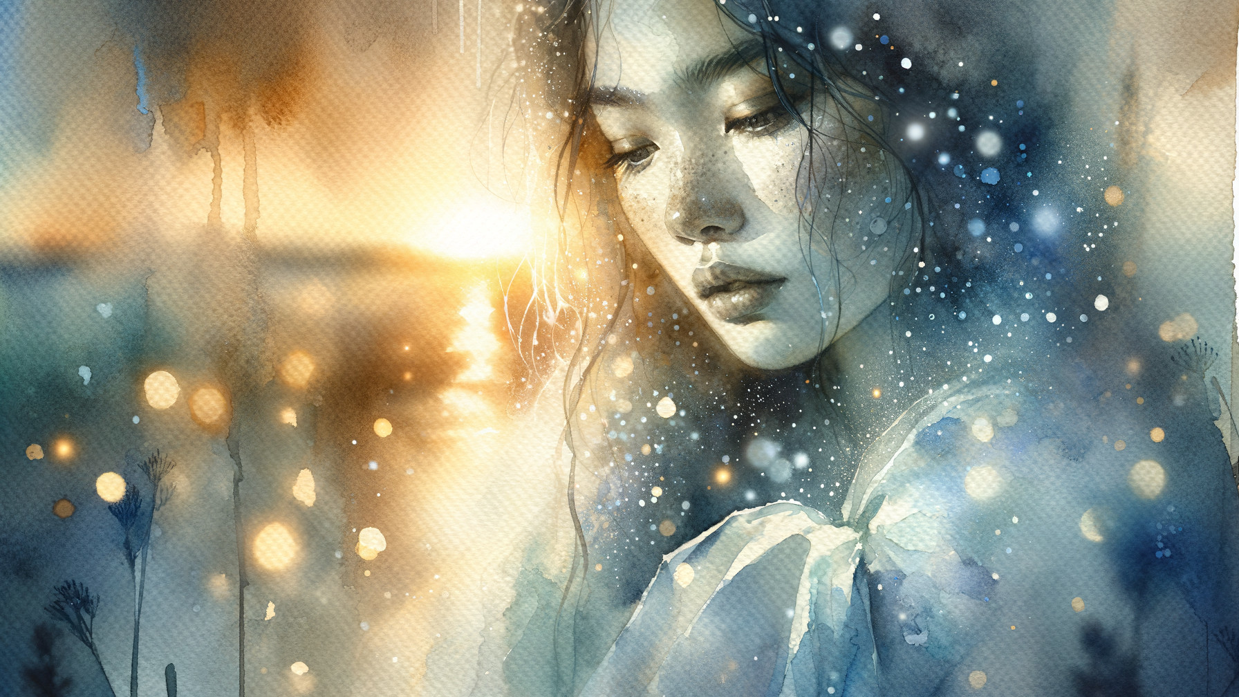 Serene watercolor portrait of a young woman