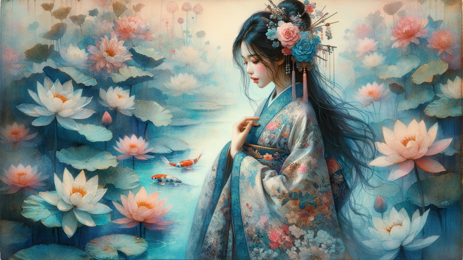 Graceful Woman by Tranquil Pond with Lotus Flowers