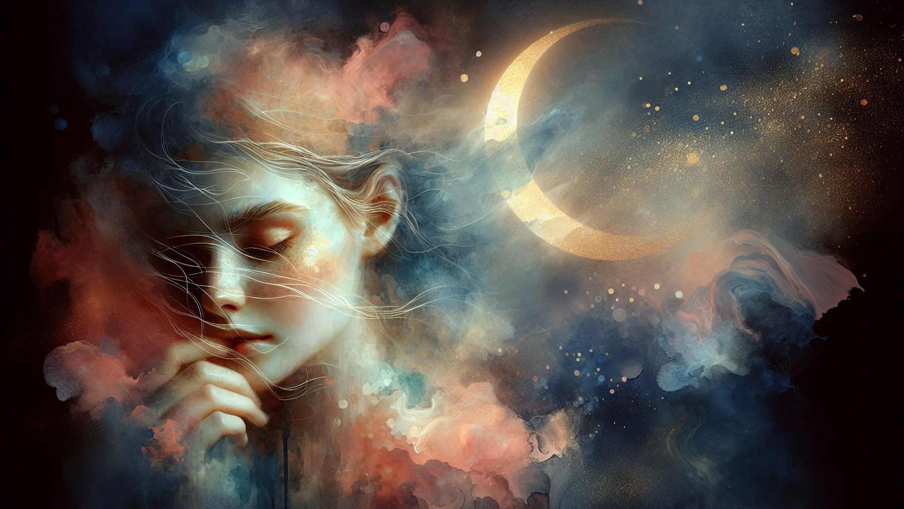 Dreamy Portrait of a Young Woman in Colorful Clouds
