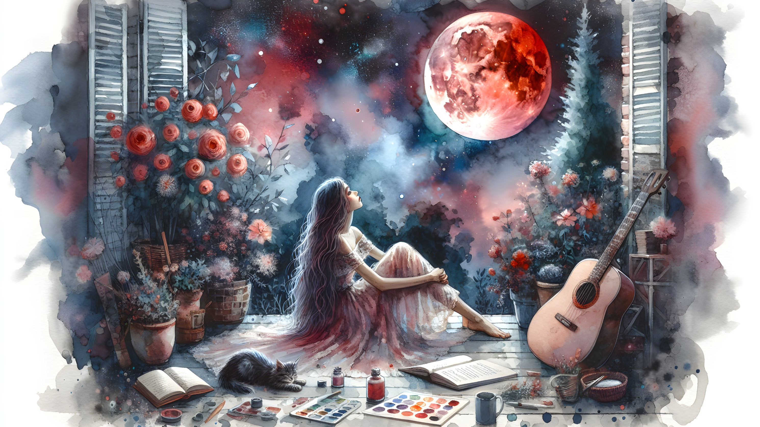 Dreamy Scene of a Woman with Flowers and Moonlight