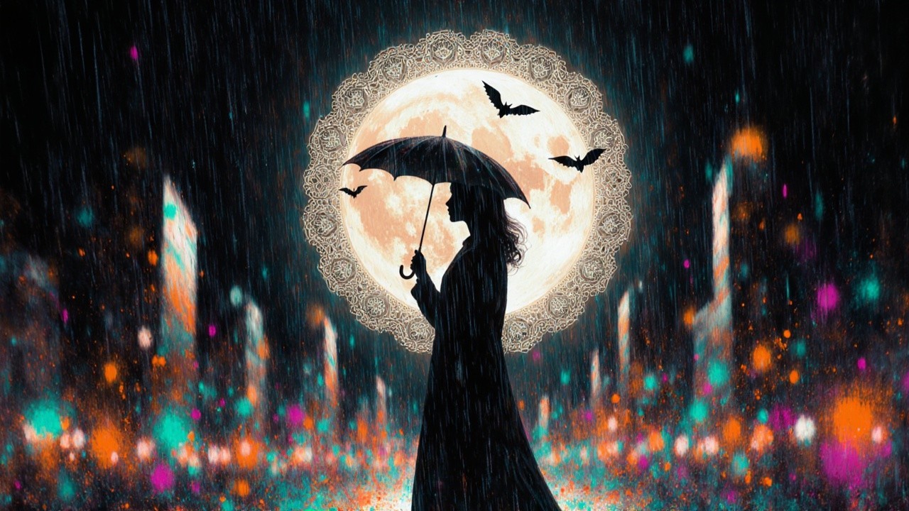 Silhouette with Umbrella Against Full Moon and Bokeh
