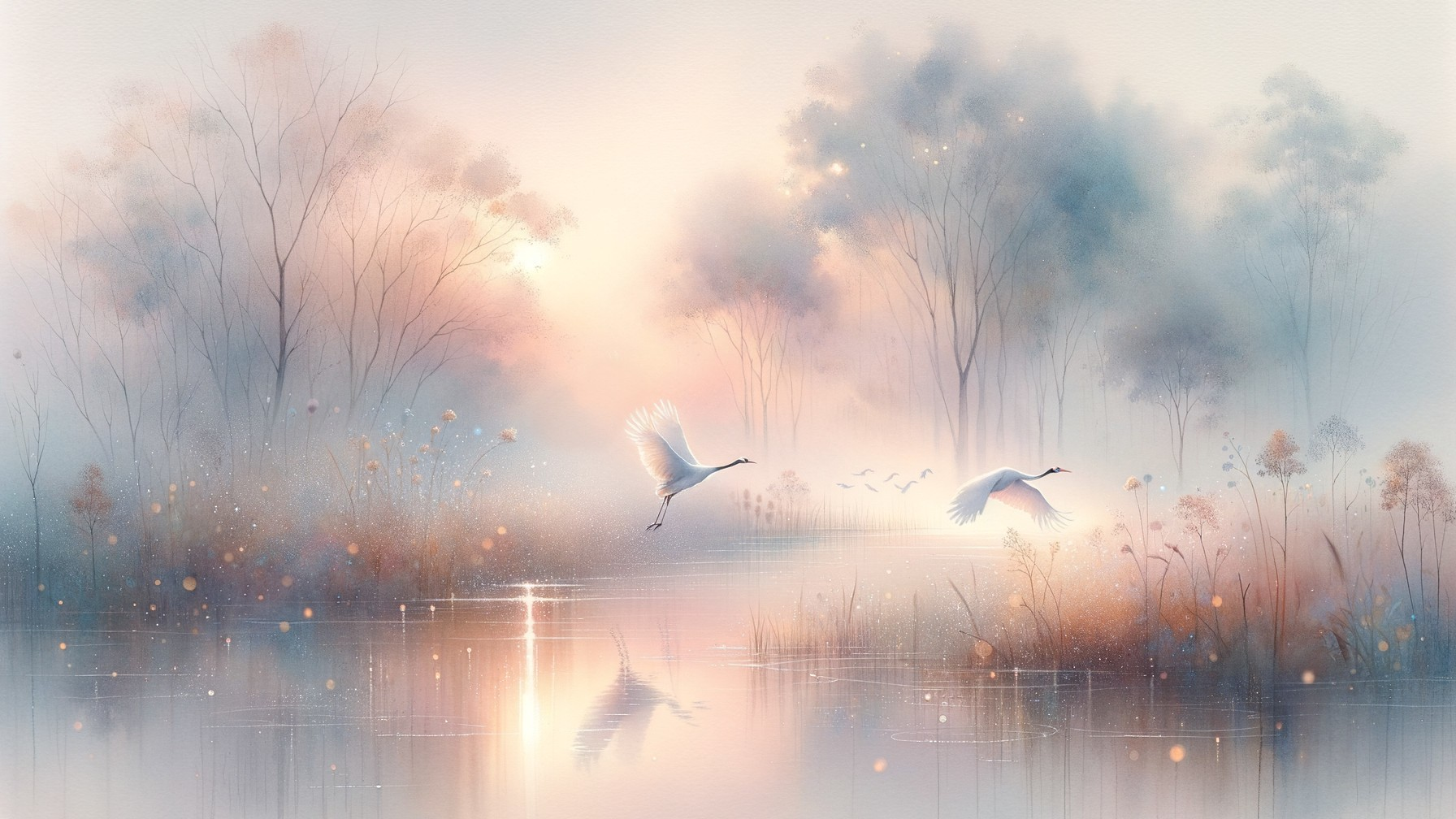 Misty River Landscape with Cranes and Pastel Trees