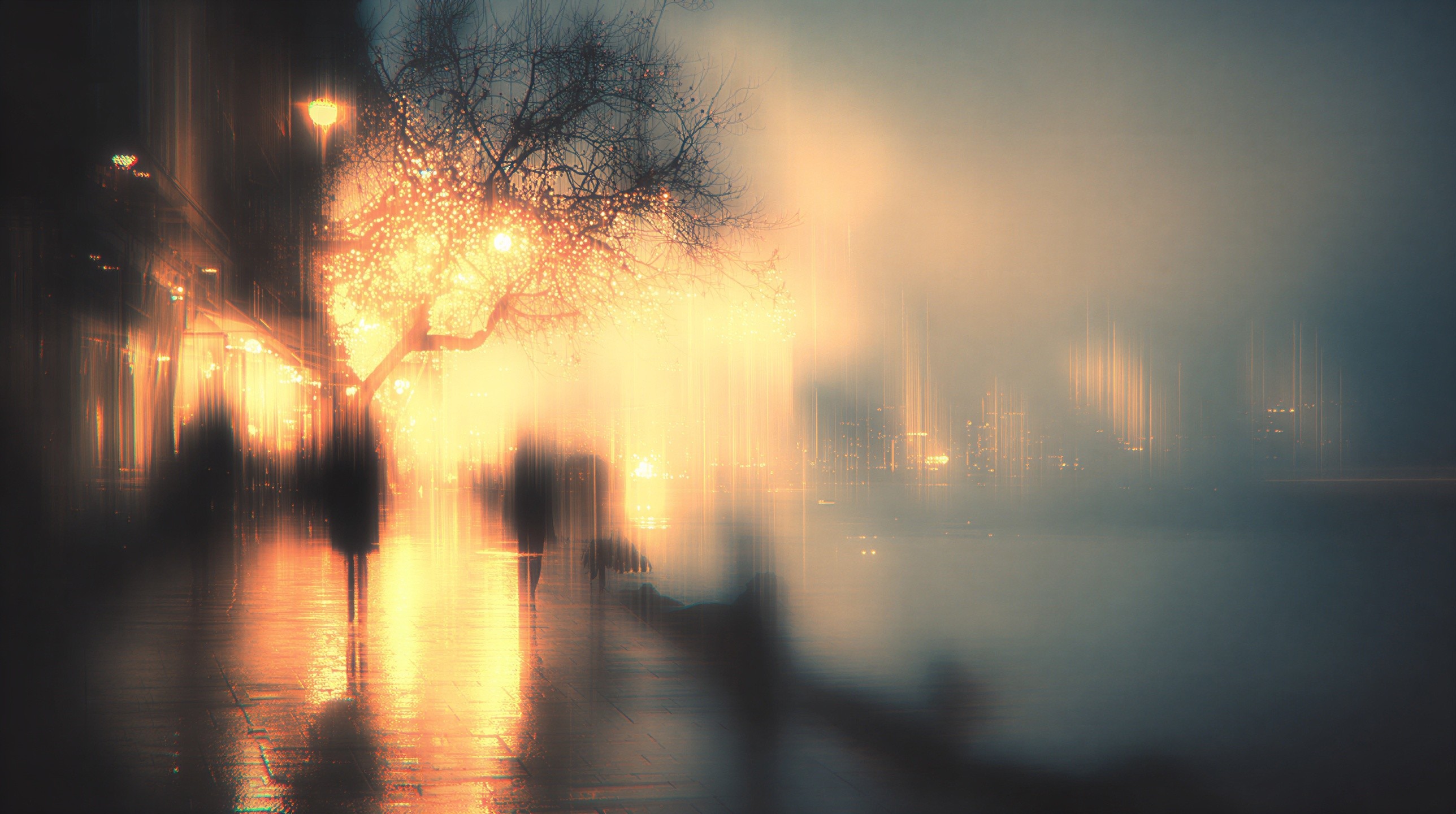 Moody Nighttime Waterfront Scene with Soft Lights