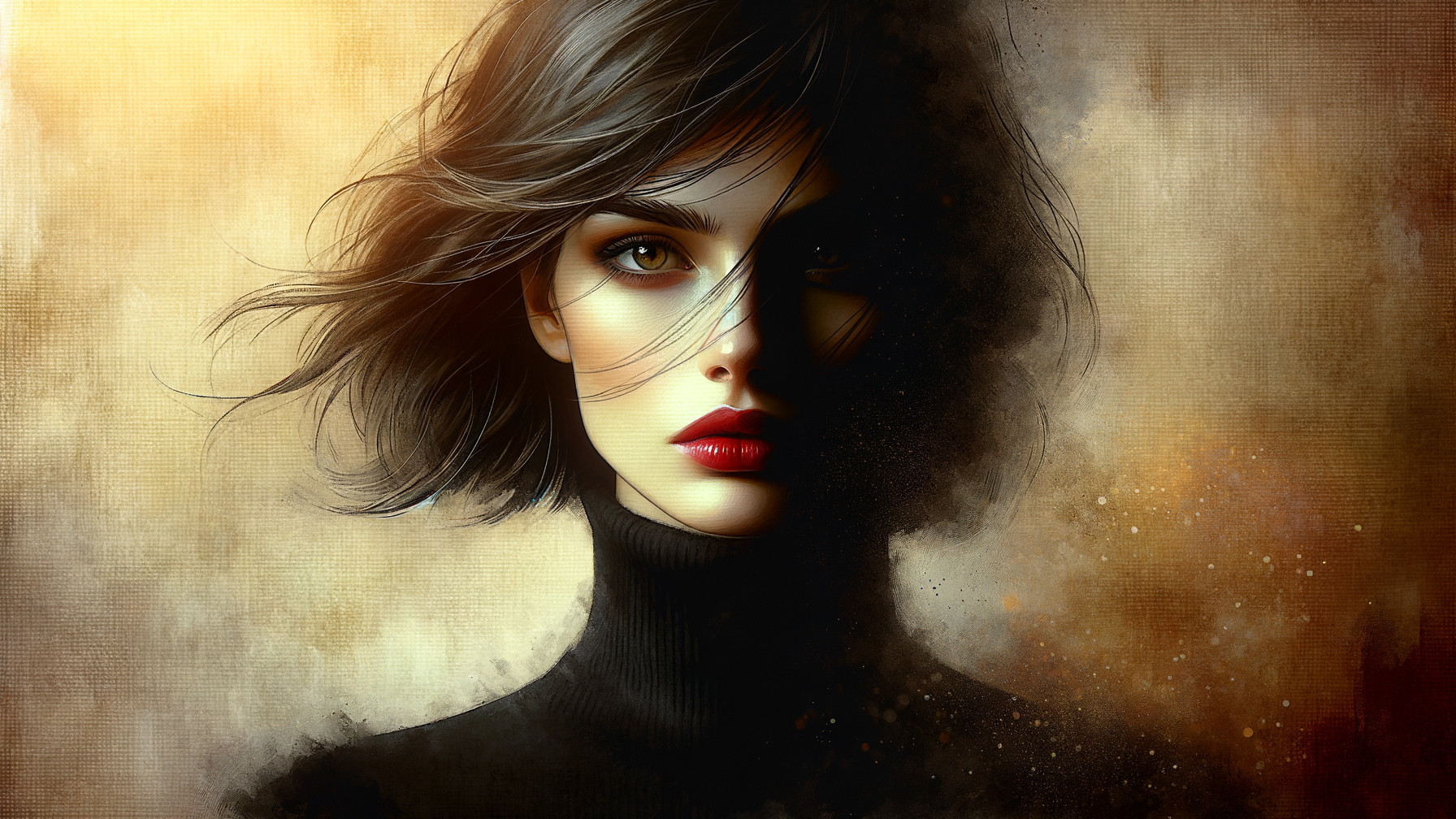 Portrait of a Woman with Dark Hair and Green Eyes