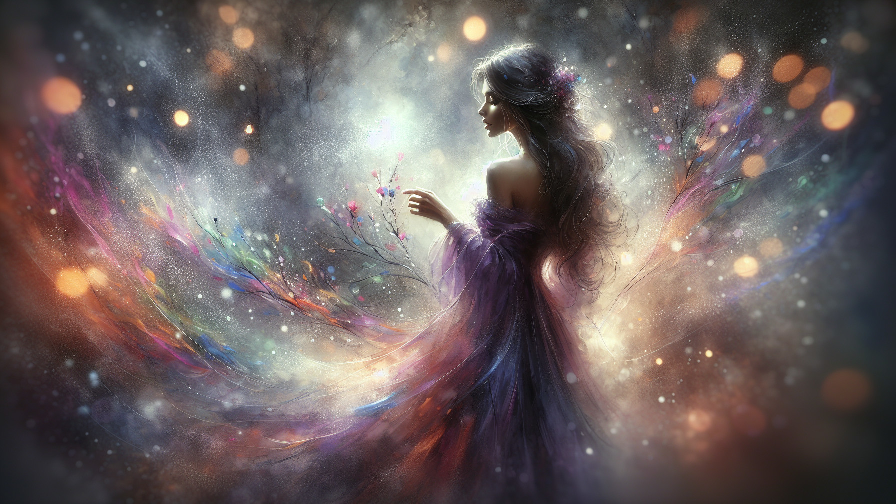 Ethereal Figure in Colorful Gown with Dreamlike Background