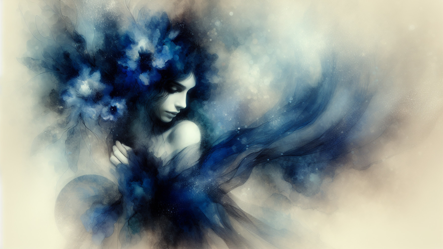 Serene Figure in Flowing Fabrics and Blue Flowers