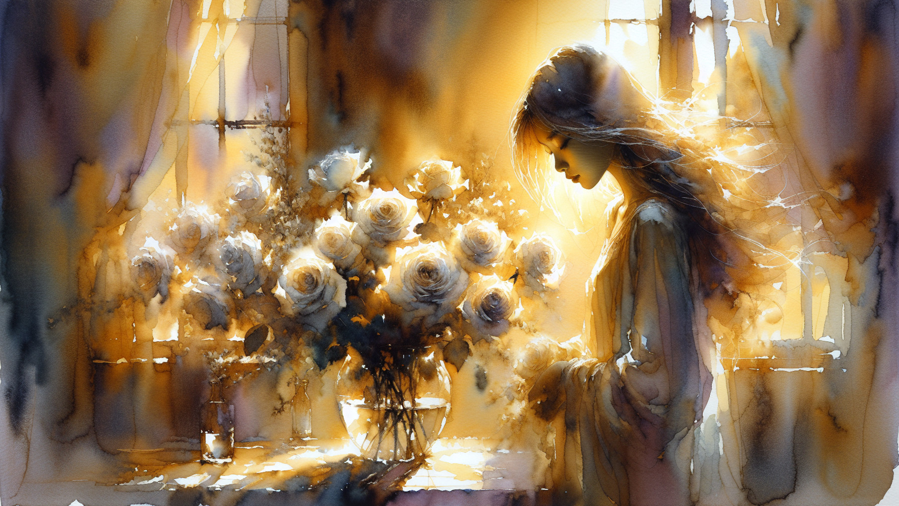 Dreamy Watercolor Scene with Woman and White Roses