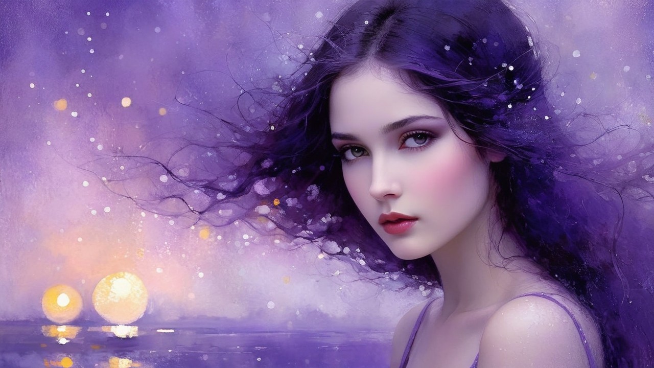 Portrait of a young woman with dark hair and purple background