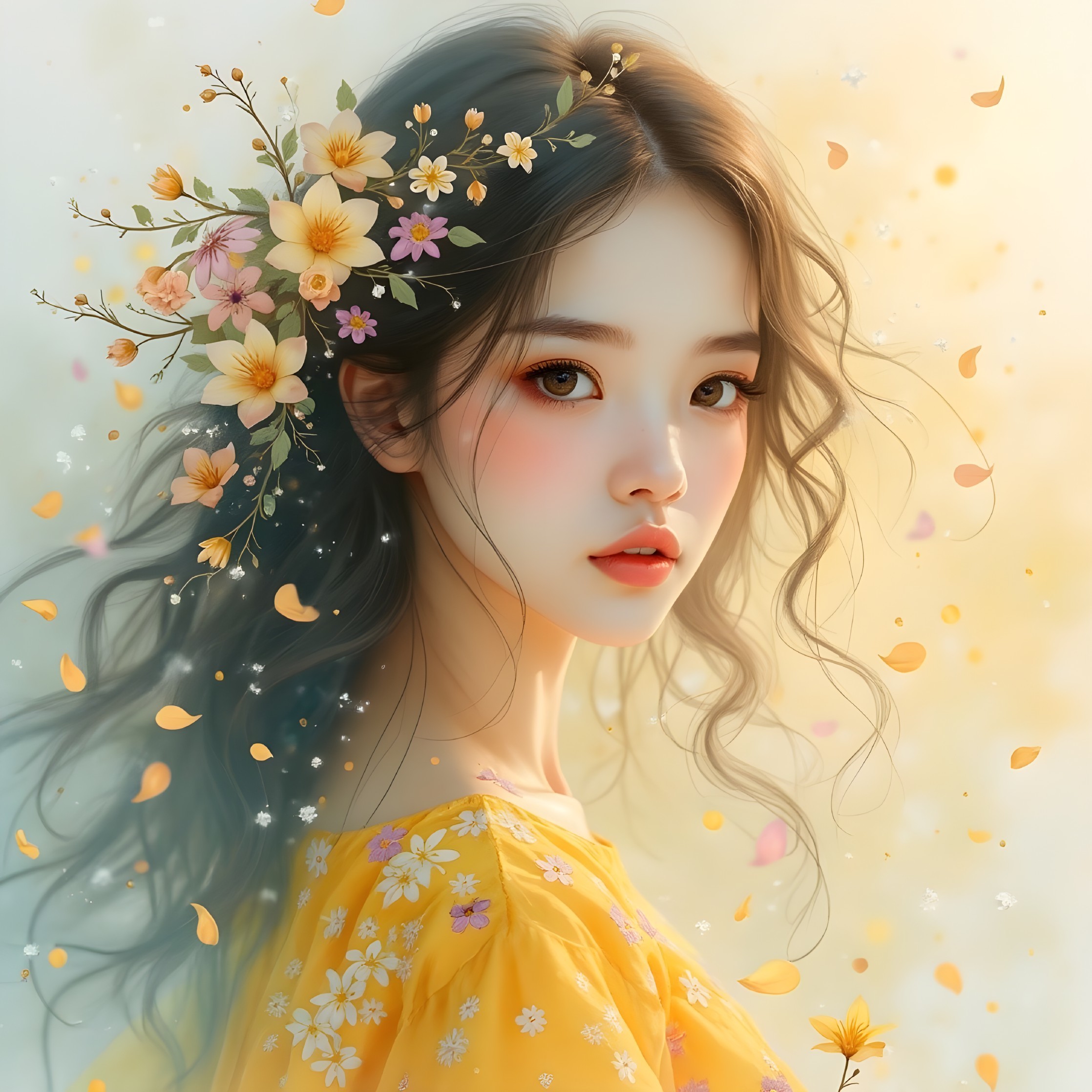Young woman in floral dress with pastel background