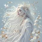 Serene figure with flowing hair and floral adornments