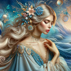 Serene Woman in Elegant Blue and Gold Landscape